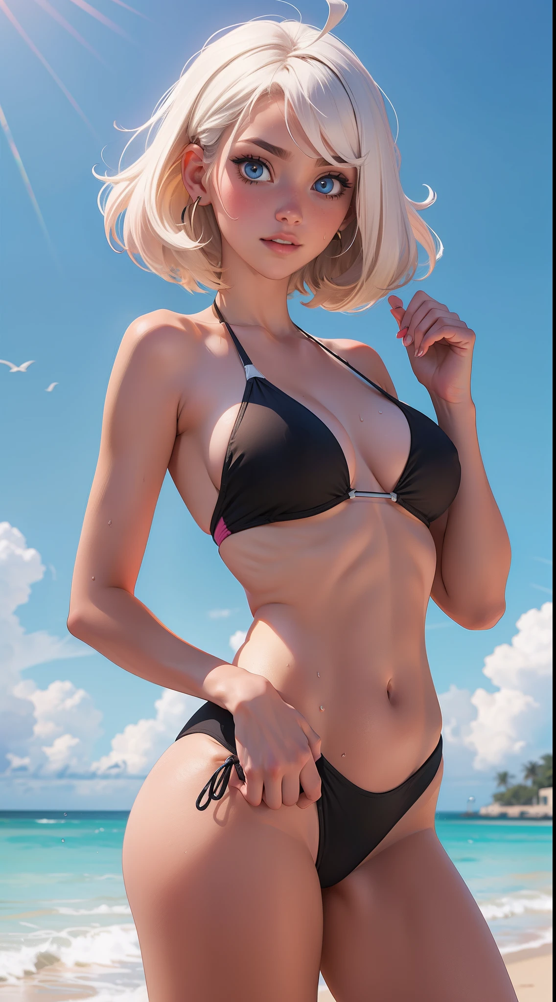 NSFW 1girl beisebol ahoge_Bené blonde bikini_cabelo azul_olhos azuis_headwear blush seios cobertos_ vaqueiro_gradiente de tiro_cabelo de fundo da virilha_entre_olhos cabelos_emravés_headwear hands_em_Own_hip lemgo hat_hair looking_em_meio visualizador_seios umbigo partido_partially lips_Visible_ Rosa_fundo rabo de cavalo encolhe os ombros_(garments) gravema lemeral_sbikini_background solo stomach sweat swimsuit thighs underboobs white_sbikini