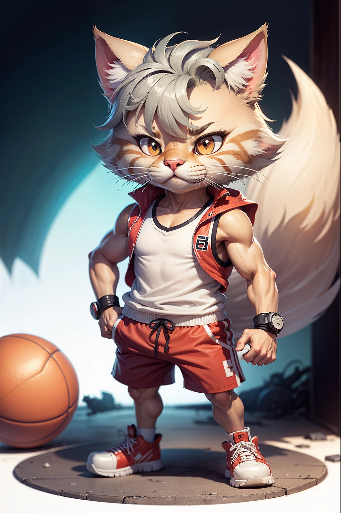 C4tt4stic, Basketball Uniform Red Tank Top　Long red shorts　Cartoon Silver tabby cat,