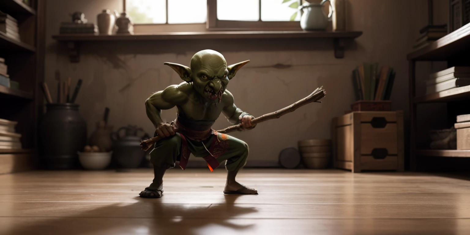 A goblin who knows kung fu,the head is small,With a very long stick。tmasterpiece。best qualtiy。
