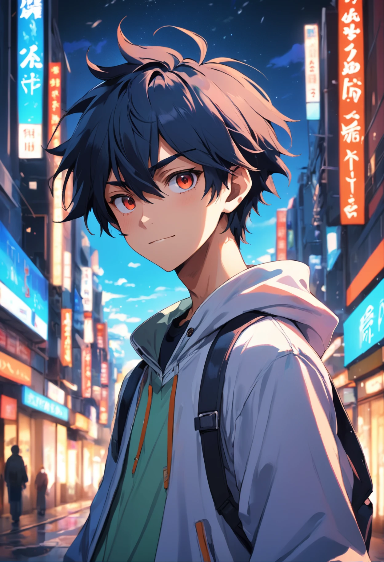 A boy, transformed into an anime style, with exaggerated unique facial features and clothing, standing on a bustling city street, backlit background highlighting the subject, high-contrast colors, 4K high-definition quality，young, smiling, handsome