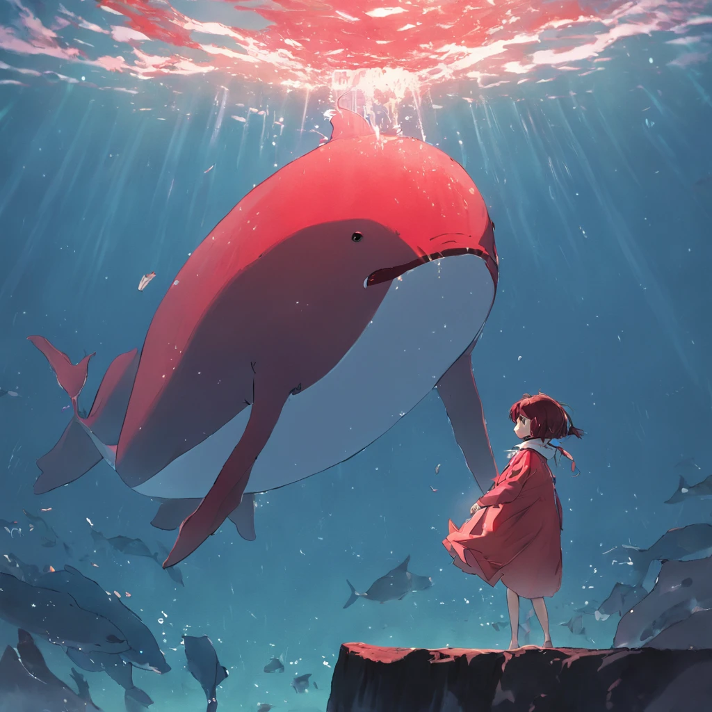 A fat red whale swimming alone in the ocean, Girl in white sitting on the back of a whale, fantastic atmosphere, Cute images, stereogram, high quality