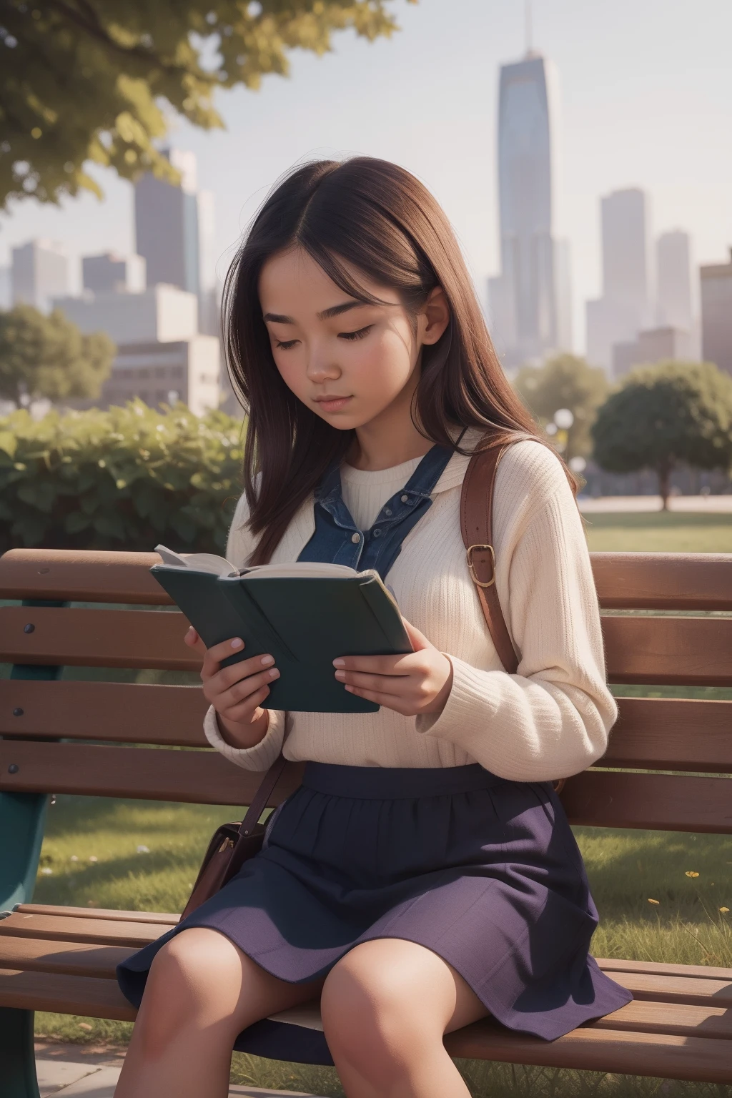 A reimagined 'The Girl with a Book,' capturing a young woman reading an e-reader while sitting on a park bench, surrounded by a bustling urban landscape.