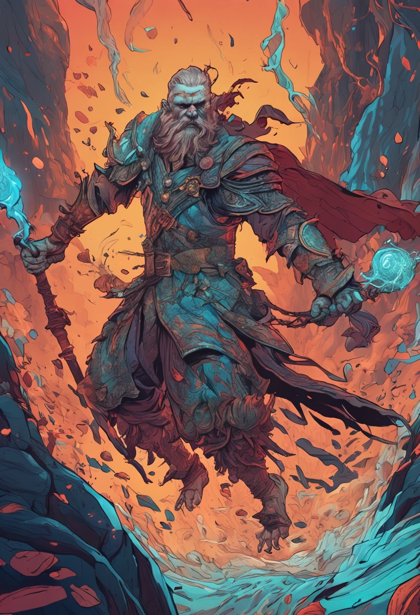 A undead wizard swinging with spell causing waves of destruction, highly detailed, fantasy world, clean design, artstation, contour, hyperdetailed intricately detailed, unreal engine, fantastical, intricate detail, splash screen, complementary colors, fantasy concept art, 8k resolution, deviantart masterpiece, oil painting, heavy strokes, paint dripping