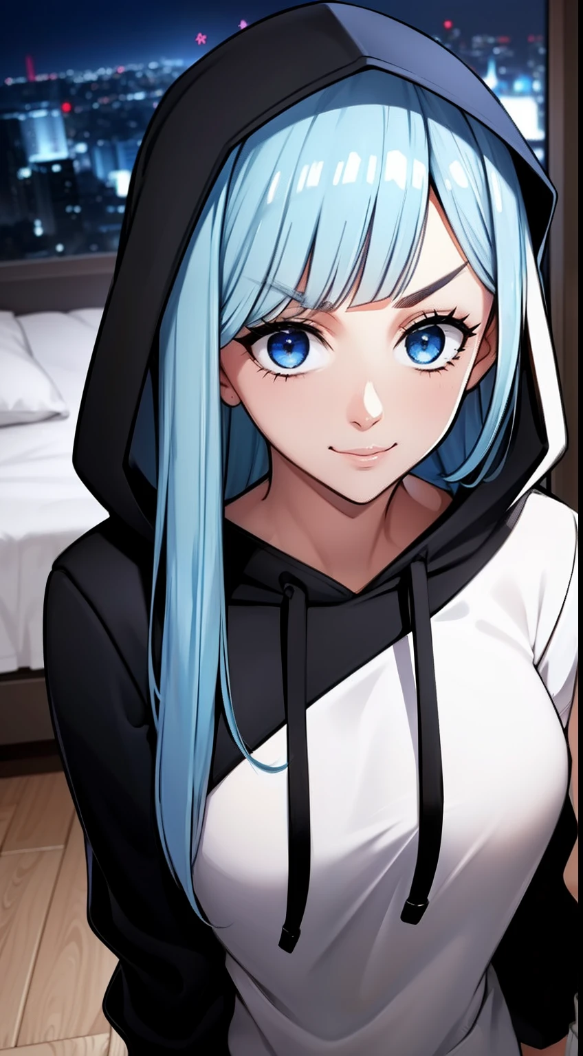 You in the middle,Masterpiece, Best quality, 1girll, fun, Funny, Perfect face, Expressive eyes, Cute, Smiling,cheerfulness, naughty, Blue eyes, modern, Beautiful Kosis,Black hoodie, Hoodie, Break the three corners, Light_Blue_Hair, Blunt bangs, Long hair, cozily, Peaceful, standing,Night, warm, Bedroom, , tug, Hooded tug, Solo, Alone, the wallpaper, Gorgeous, Cute girl, ، simple, Maximalism, Sensual