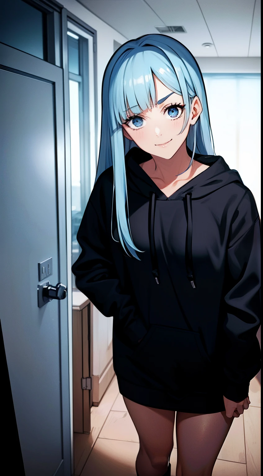 You in the middle,Masterpiece, Best quality, 1girll, fun, Funny, Perfect face, Expressive eyes, Cute, Smiling,cheerfulness, naughty, Blue eyes, modern, Beautiful Kosis,Black hoodie, Hoodie, Break the three corners, Light_Blue_Hair, Blunt bangs, Long hair, cozily, Peaceful, standing,Night, warm, Bedroom, , tug, Hooded tug, Solo, Alone, the wallpaper, Gorgeous, Cute girl, ، simple, Maximalism, Sensual