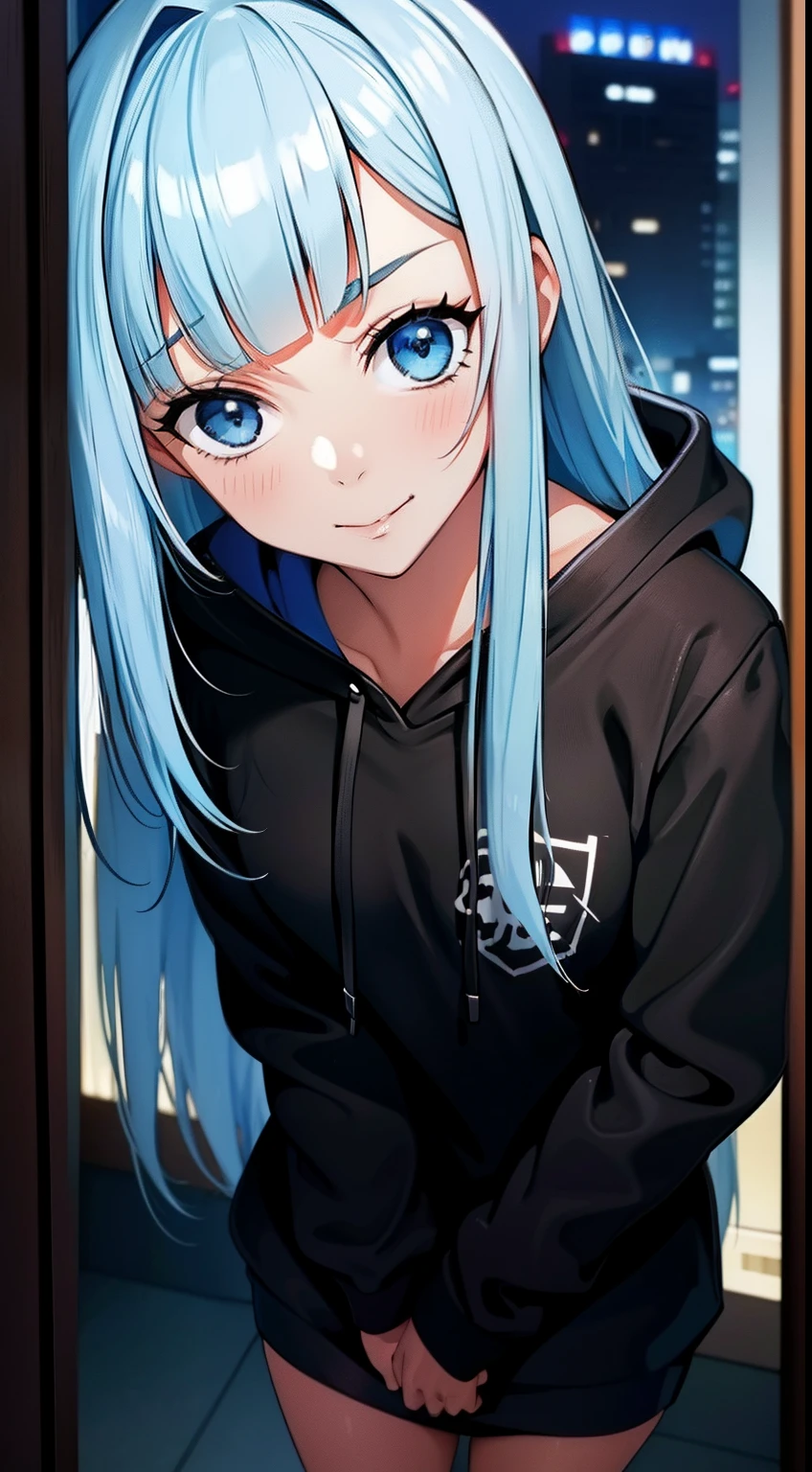 You in the middle,Masterpiece, Best quality, 1girll, fun, Funny, Perfect face, Expressive eyes, Cute, Smiling,cheerfulness, naughty, Blue eyes, modern, Beautiful Kosis,Black hoodie, Hoodie, Break the three corners, Light_Blue_Hair, Blunt bangs, Long hair, cozily, Peaceful, standing,Night, warm, Bedroom, , tug, Hooded tug, Solo, Alone, the wallpaper, Gorgeous, Cute girl, ، simple, Maximalism, Sensual