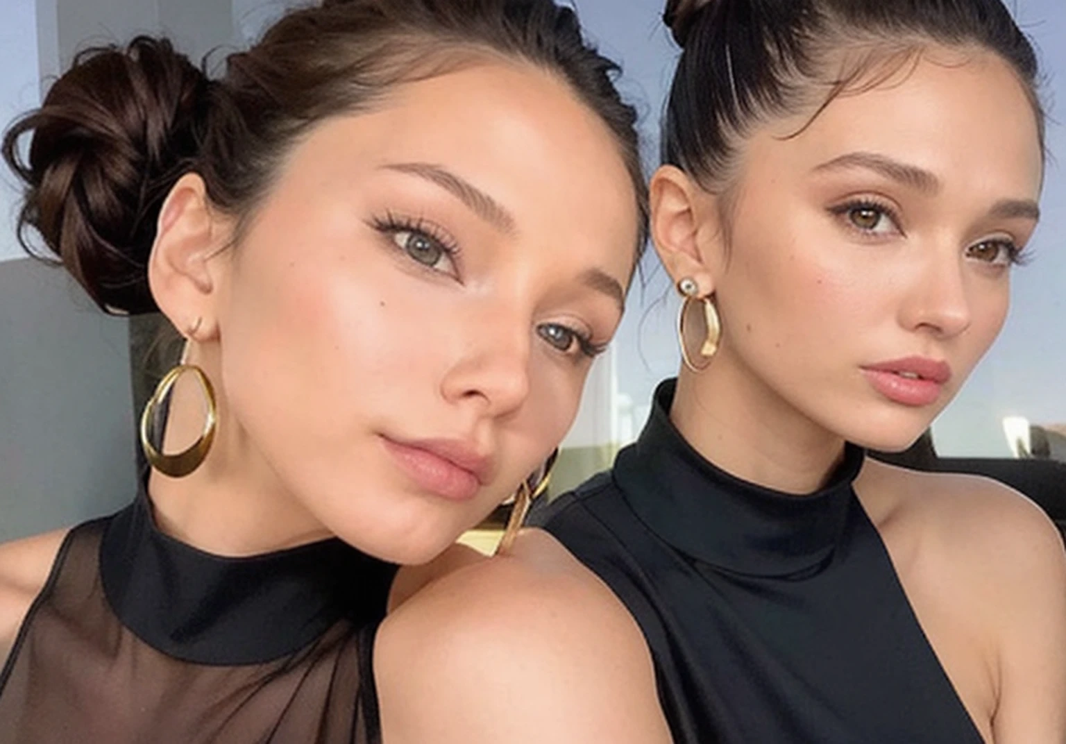 Close-up of a woman with a black blouse and earrings, Bella Hadid, Sophie Maud Portrait, Hair in low ponytail spot, Brown hair in a ponytail, Picture of beauty Gal Gadot, Angela Saravian, Voluminous earrings, The beauty of jaw projection, With dark hair tied in a bun, Elegant eyes, Sexy face with full makeup, sultry look