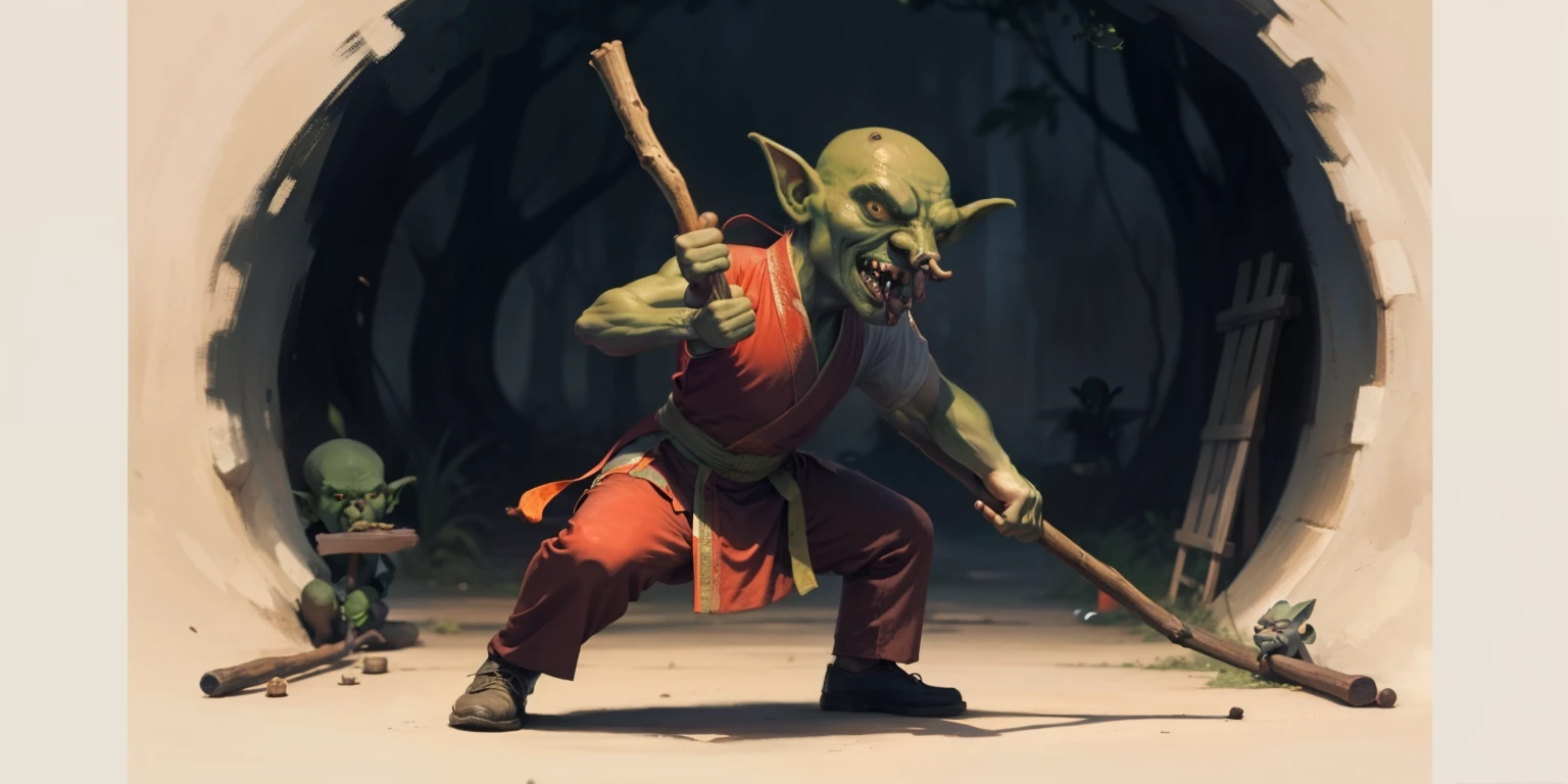 A goblin who knows kung fu,the head is small,With a very long stick。tmasterpiece。best qualtiy。