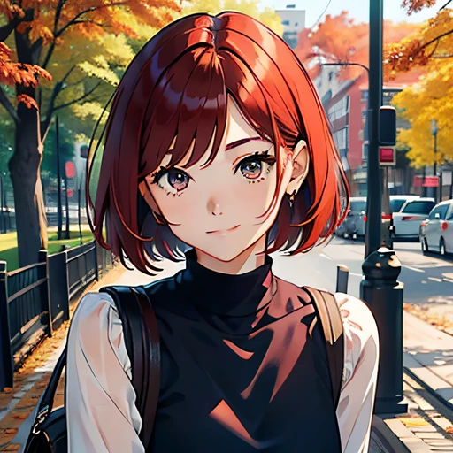 In the autumn atmosphere,Red-haired shoulder-length girl with short hair,Exudes a confident and handsome smile。