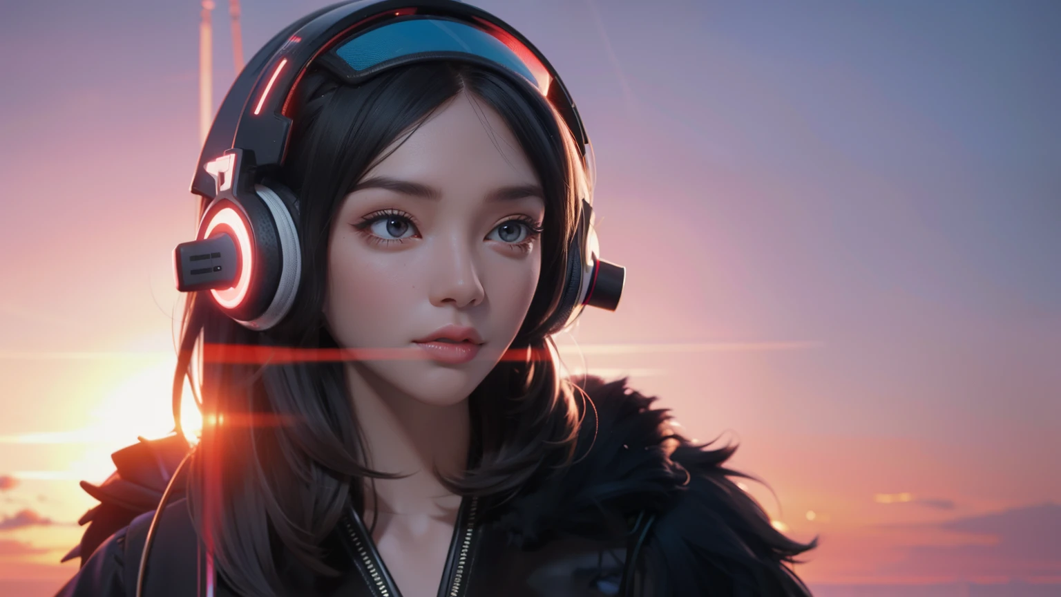 dvArchModern, 85mm, f1.8, portrait, photographrealistic, Hyper-realistic, orante, ultra-detailliert, iintricate, dramatics, Sunset lighting, shadowing, HighDynamicRange,A female DJ,Headsets