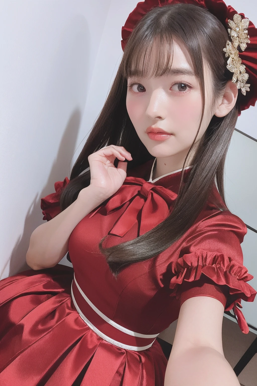 20yr old, 8K, RAW portrait of (japanaese girl), photographrealistic, 超A high resolution, Best Quality, Real life photography , Dramatic, Atmospheric, 
1girl in, a very beautiful japanese girl, glamour shot of girl, Natural Skin, Long hair, Bangs,
Big beautiful detailed eyes, Brown hair, beautiful detailed nose, medium breasts, 
frilld, Bow, Satin Frill Dresses, bow ribbon,
Looking at Viewer, Blurry background, Upper body, Simple background, Kneeling, (At night :1.1)