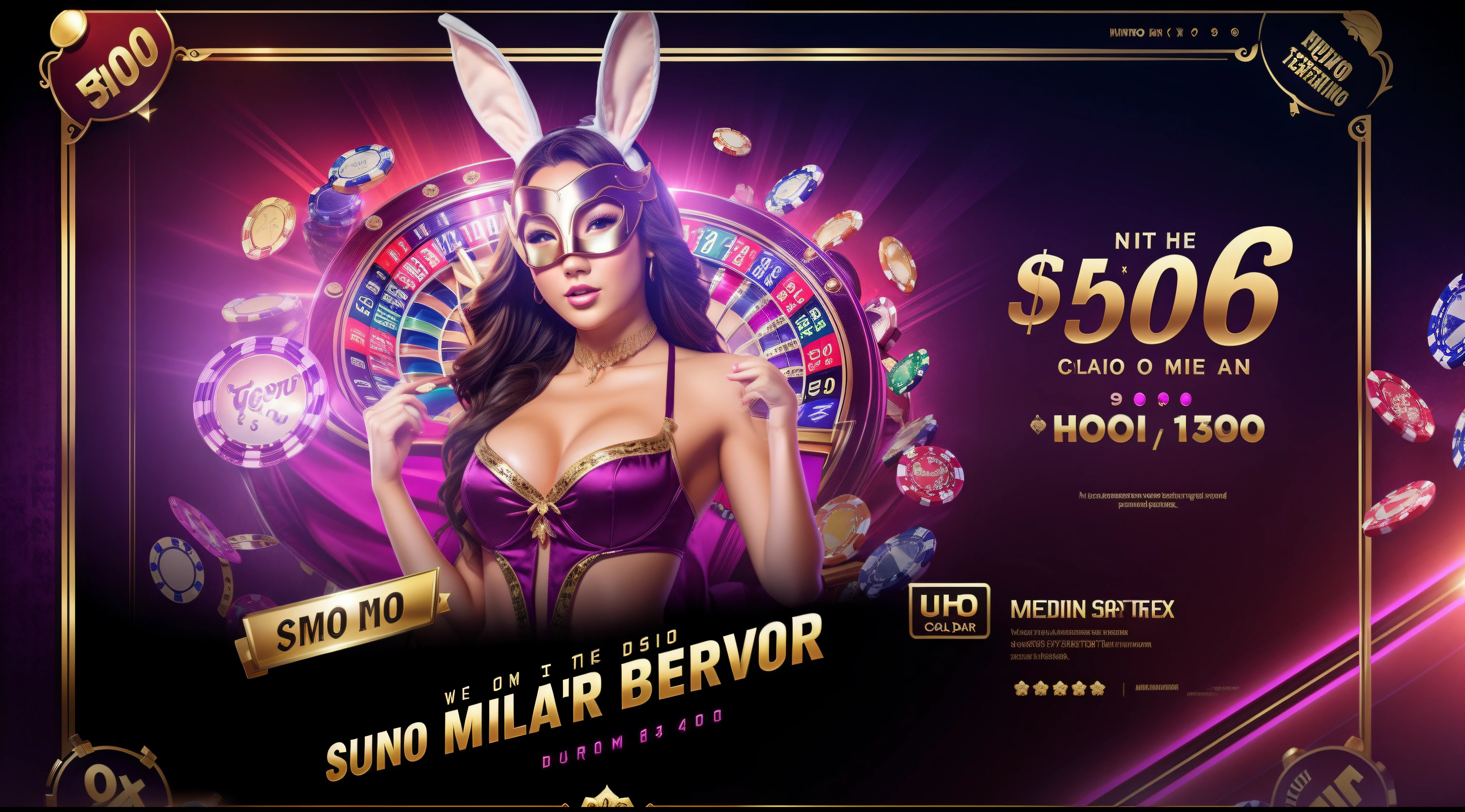 Casino banner, 1girl, solo, bunny mask, sexy girls, banner template, promotion banner, ads banner, gradient background, slot game ornament, theme, realistic, uhd, 4k, slot machine