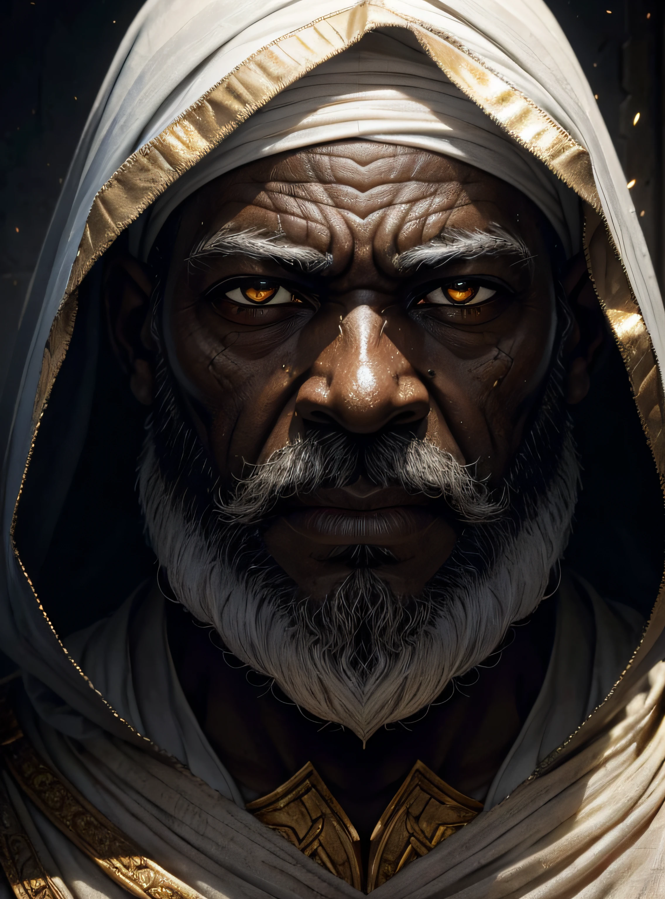 An epic symmetric portrait of African elderly intense sinister eyes, and nose with long white beard, framed with a faded ancient tattered white linen hood, reflecting gold sparks in the irises of the eyes, white eyebrows, at night, dramatic lighting, high contrast, highest definition, hyperrealism, hyperrealistic, photorealistic, high resolution, hdr photography, 8k