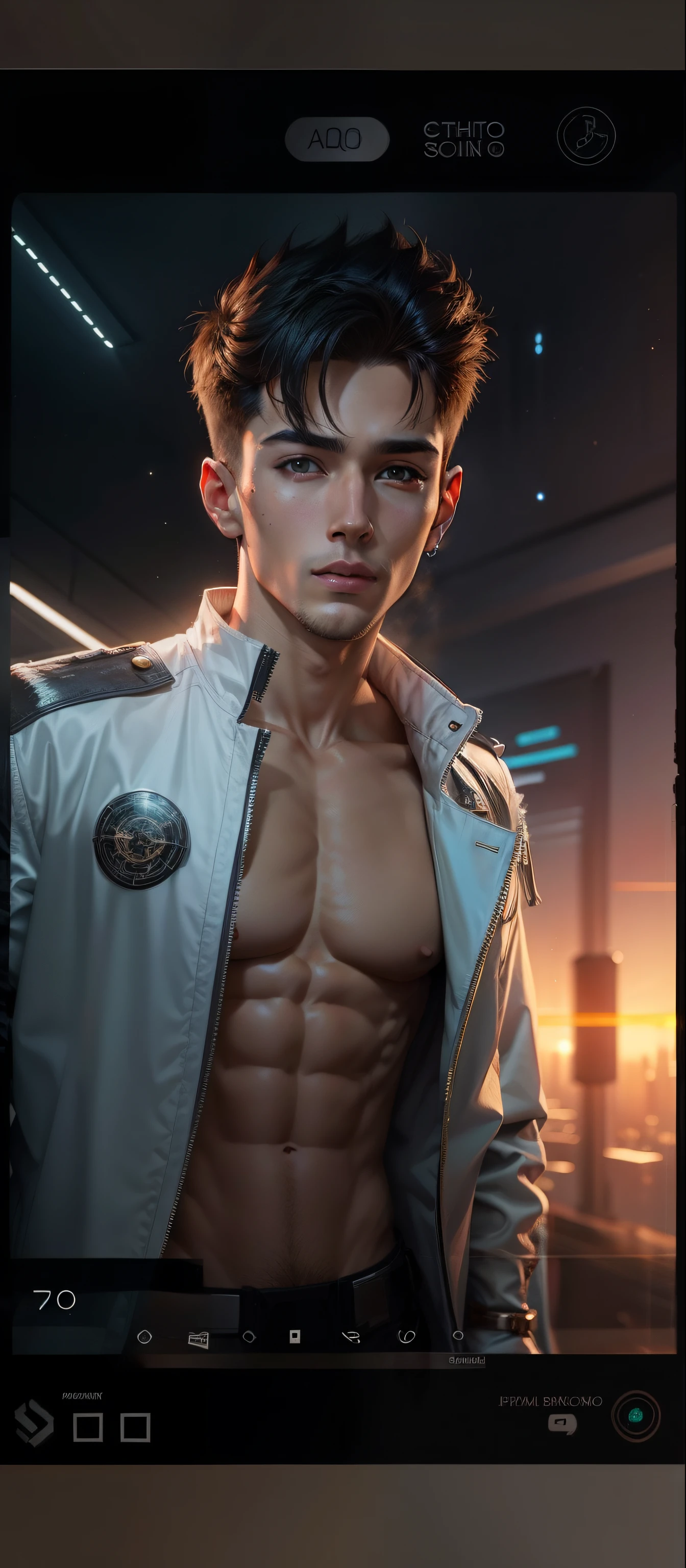 Sci-Fi background. Six pack handsome boy.