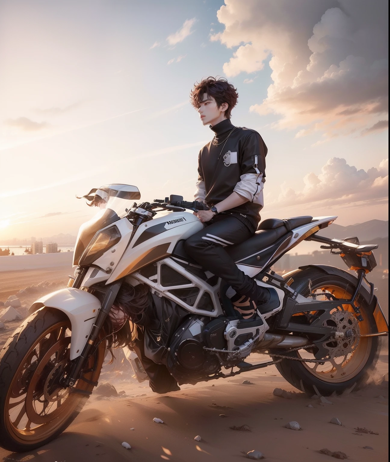 high high quality,A man wearing a necklace and coat stands in front of a white background, Cai Xukun, yanjun cheng, wearing a turtleneck and jacket, he is wearing a brown sweater, he has short curly brown hair, inspired by jeonseok lee, he has an elongated head shape, xqc, with same hairstyle, Solid Backgroud