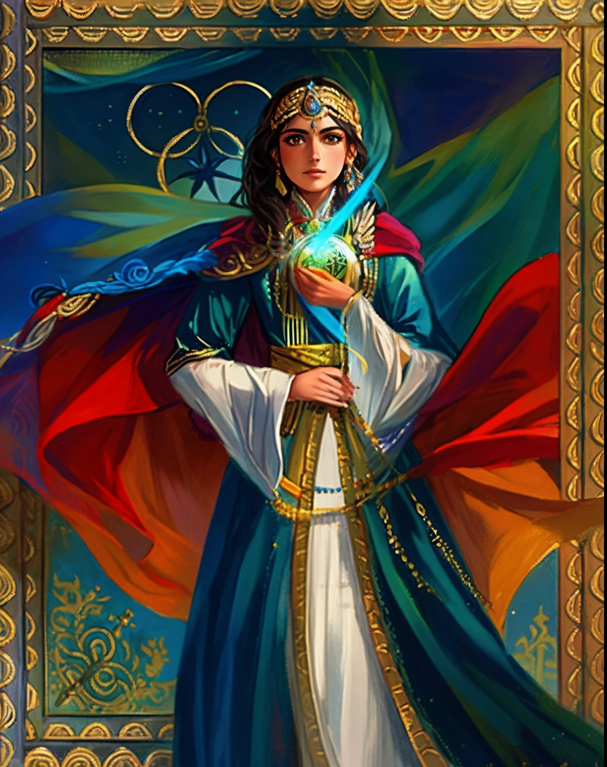 Obra maestra, Imagen de Arafed de una mujer vestida con un vestido azul y dorado, Maya Ali como D&D Hechicero, Humano :: hechicera, Maya Ali como D&D Hechicero, Maya Ali como Maga del Viento, Mujer hechicera, elfic priestess, Retrato de una maga, Retrato de hechicero, Cara perfecta, cuerpo perfecto