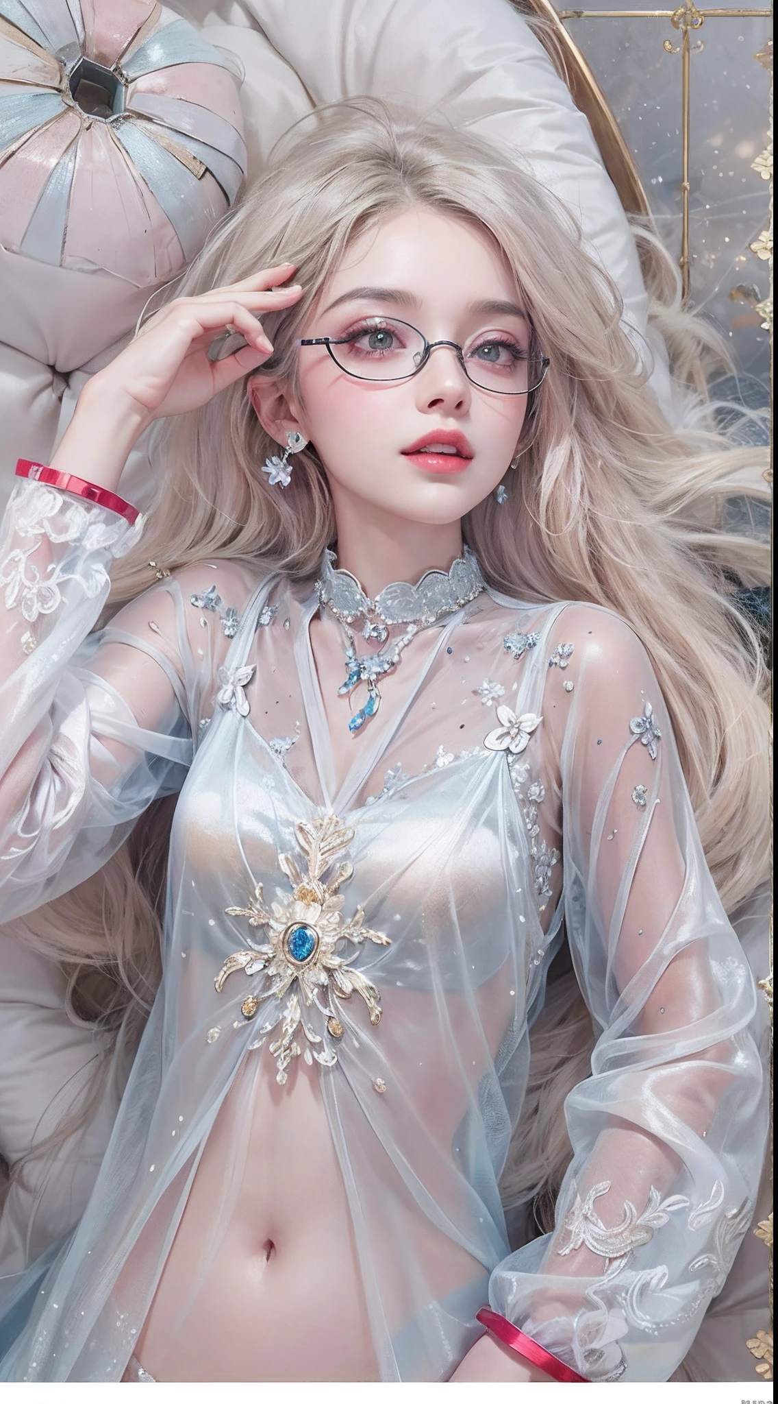 1girll,(enchanced quality:1.4),(Top quality true texture skin), Delicate face,Black hair, Gradient hair, Petite body,(perfect bodies:1.1), There are precious stones on the forehead, rimless eyewears, Sparkling pupils,long eyelasher,grin, hyper photorealism, Cinematic lighting, projected inset, surrealism, hyper HD, Masterpiece, 16k,Lie down,dream on,Wear transparent silk pajamas,Carmelto,Tattooed with,Fantasy space,Luxurious space,A half body