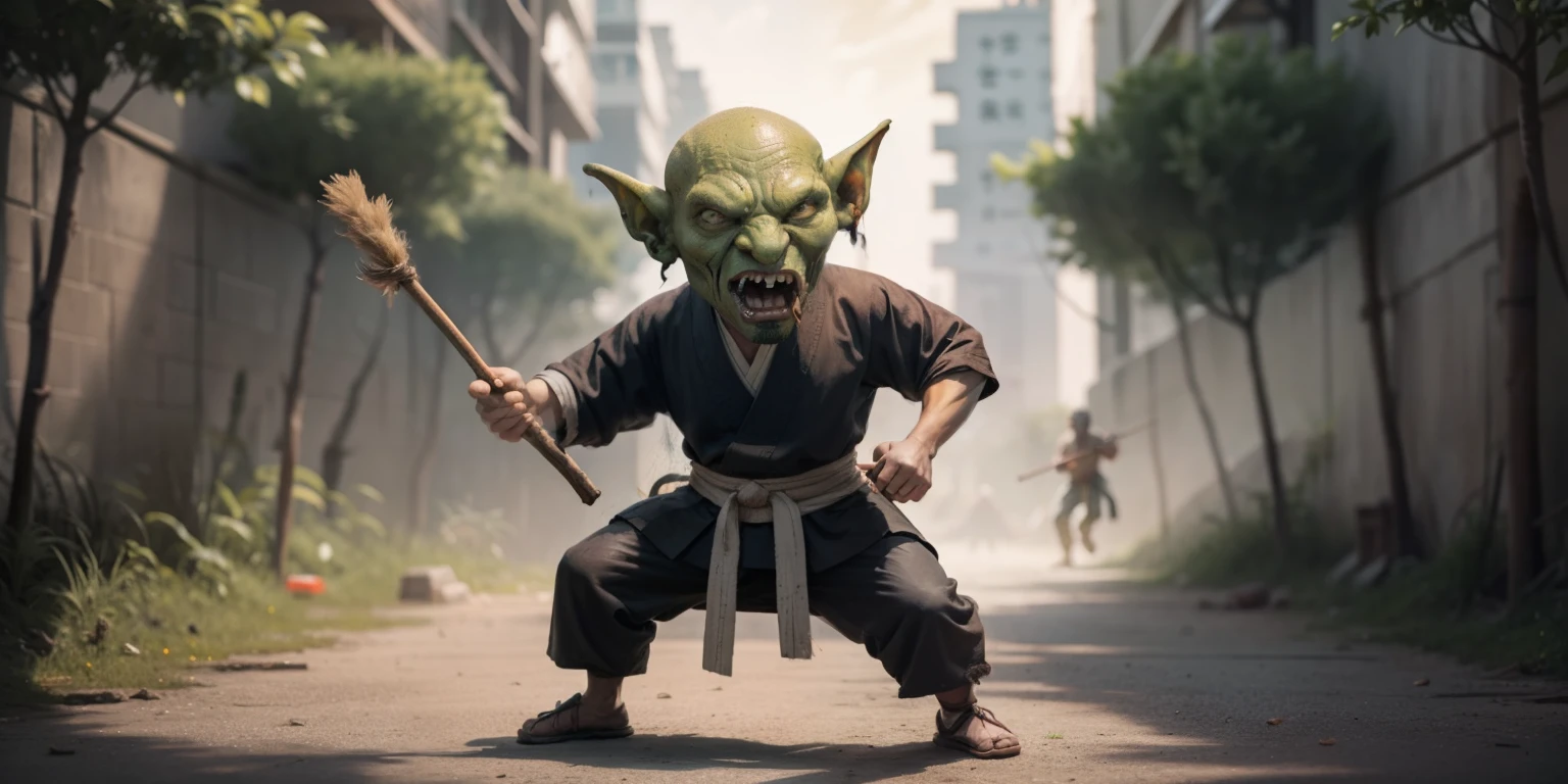 A goblin who knows kung fu，the head is small，With a very long stick。tmasterpiece。best qualtiy。