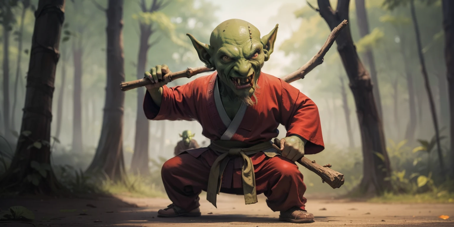 A goblin who knows kung fu,the head is small,two hands hold a very long stick。tmasterpiece。best qualtiy。