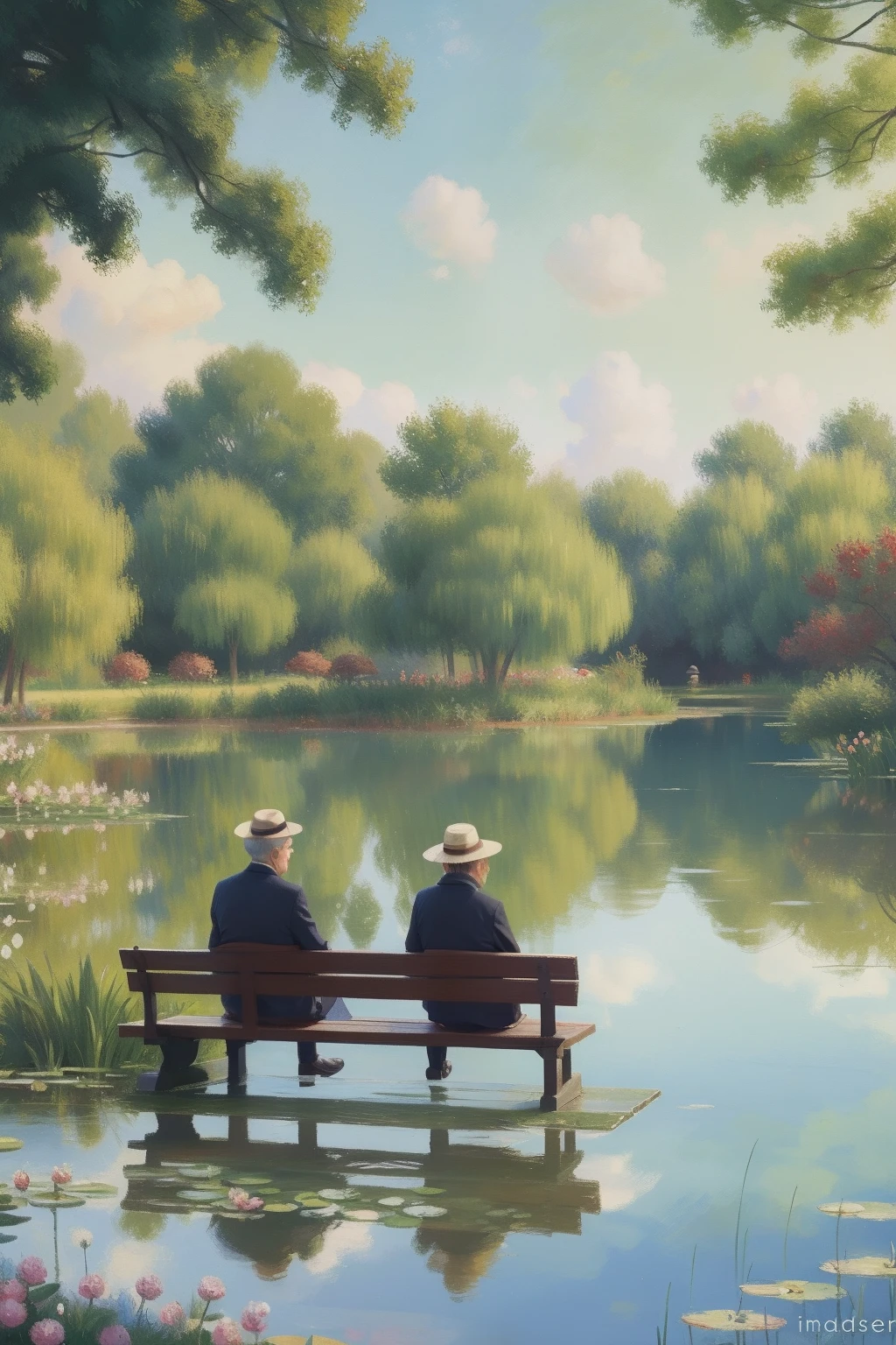A serene park bench overlooking a tranquil lake, where an elderly couple sits, sharing a moment of quiet reflection in the impressionistic style of Claude Monet.