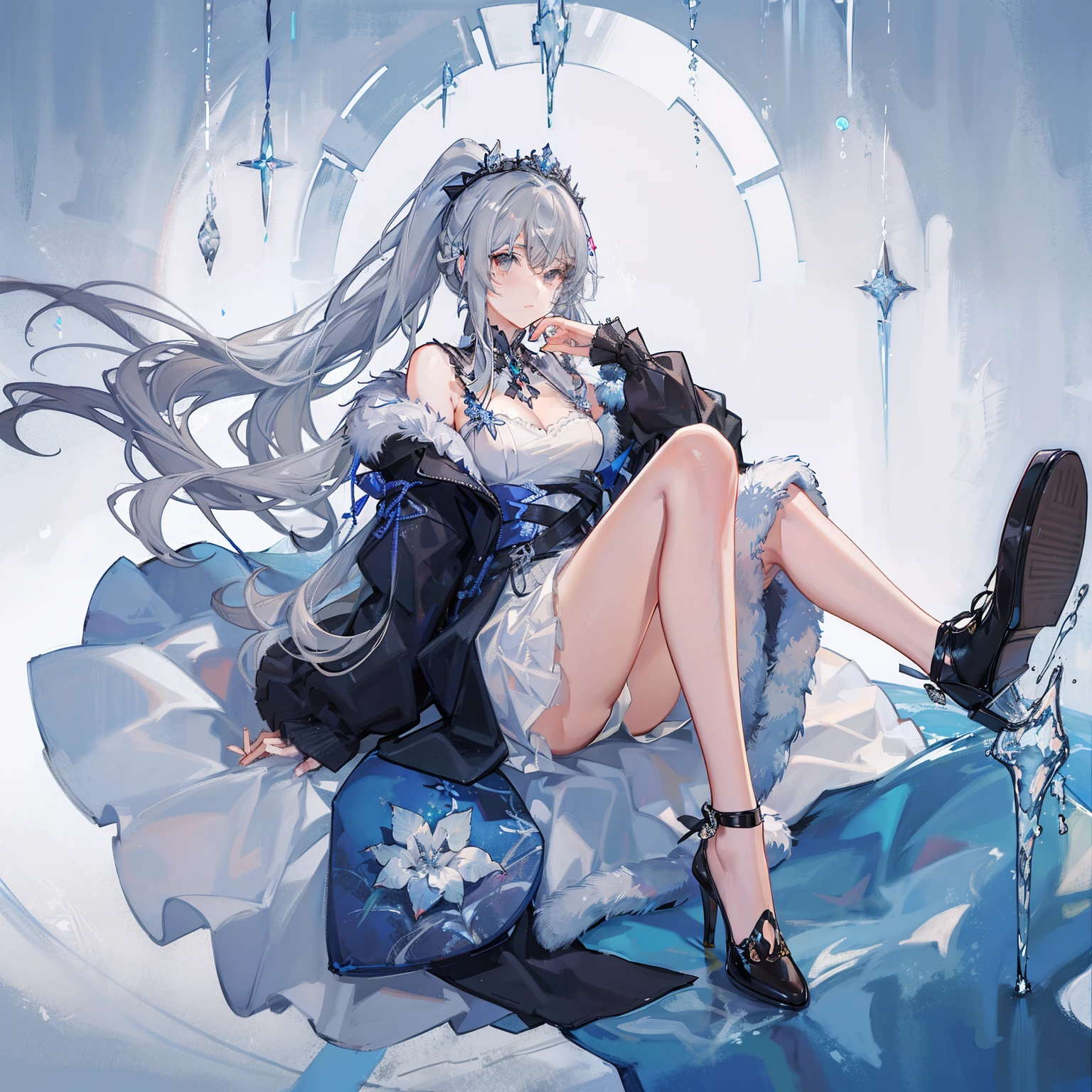 Girl, gray wavy hair with blue strands, gathered in a high ponytail, gray eyes, royal attire, fur jewelry, calm look, white clothes, goddes of ice