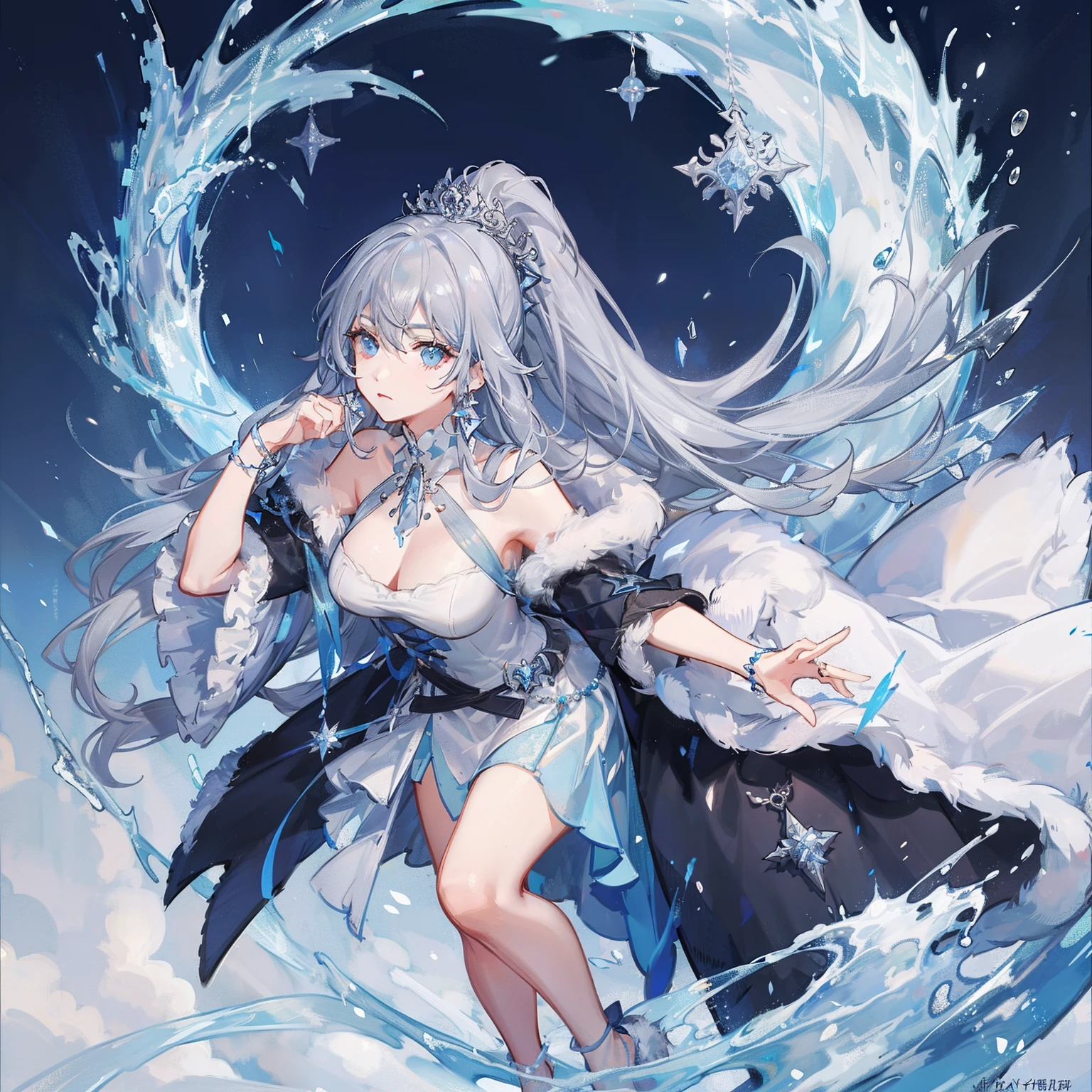 Girl, gray wavy hair with blue strands, gathered in a high ponytail, gray eyes, royal attire, fur jewelry, calm look, white clothes, goddes of ice