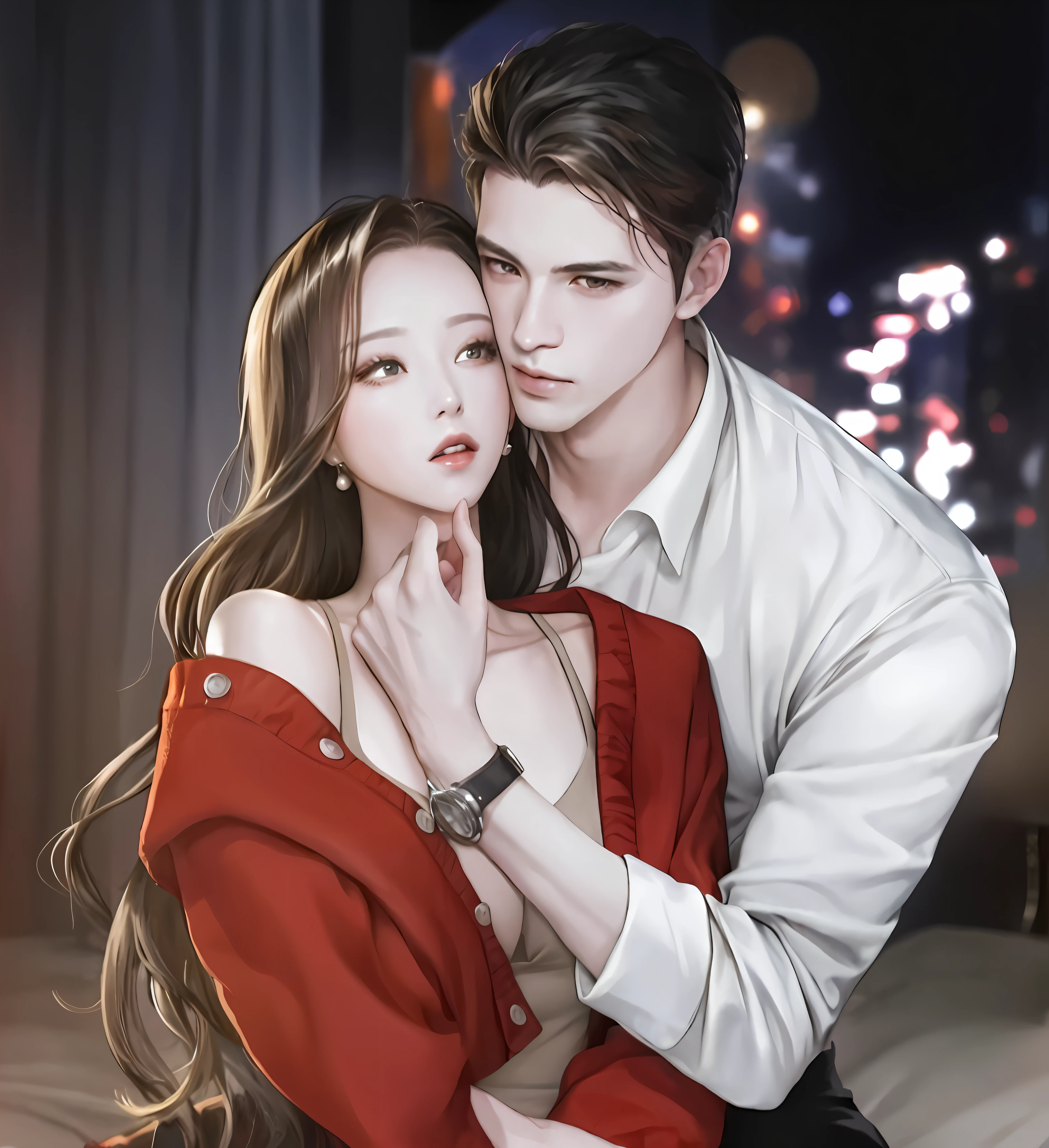 A woman in a white shirt and T-line pants sitting on a sofa, (((a boy lying on a couch with his head on a woman's lap))), bikini,, woman in a transparent swimsuit, cleavage, big breasts, sitting on a sofa, boy (masculine handsome man) with chest on his chest and kissing woman