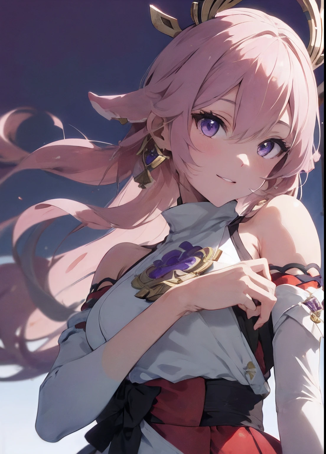 yae miko, Detached sleeves, bare shoulders, cheveux roses, cheveux longs, japanese clothes, beste-Qualit, (peinture:1.5), (ornement de cheveux:1.35), bijoux, violet yeux, boucles d'oreilles, seins, torii, fleurs de cerisier, lanterne, profondeur de champ, face detailed, mise au point sur le visage, ruban_trim, (regardant la visionneuse : 1,25), miko non traditionnel, peau brillante, manches longues, sourire, thick lips, jeu cg , hands on lips, architecture est-asiatique, (blured background:1.2), assis, haut du corps,