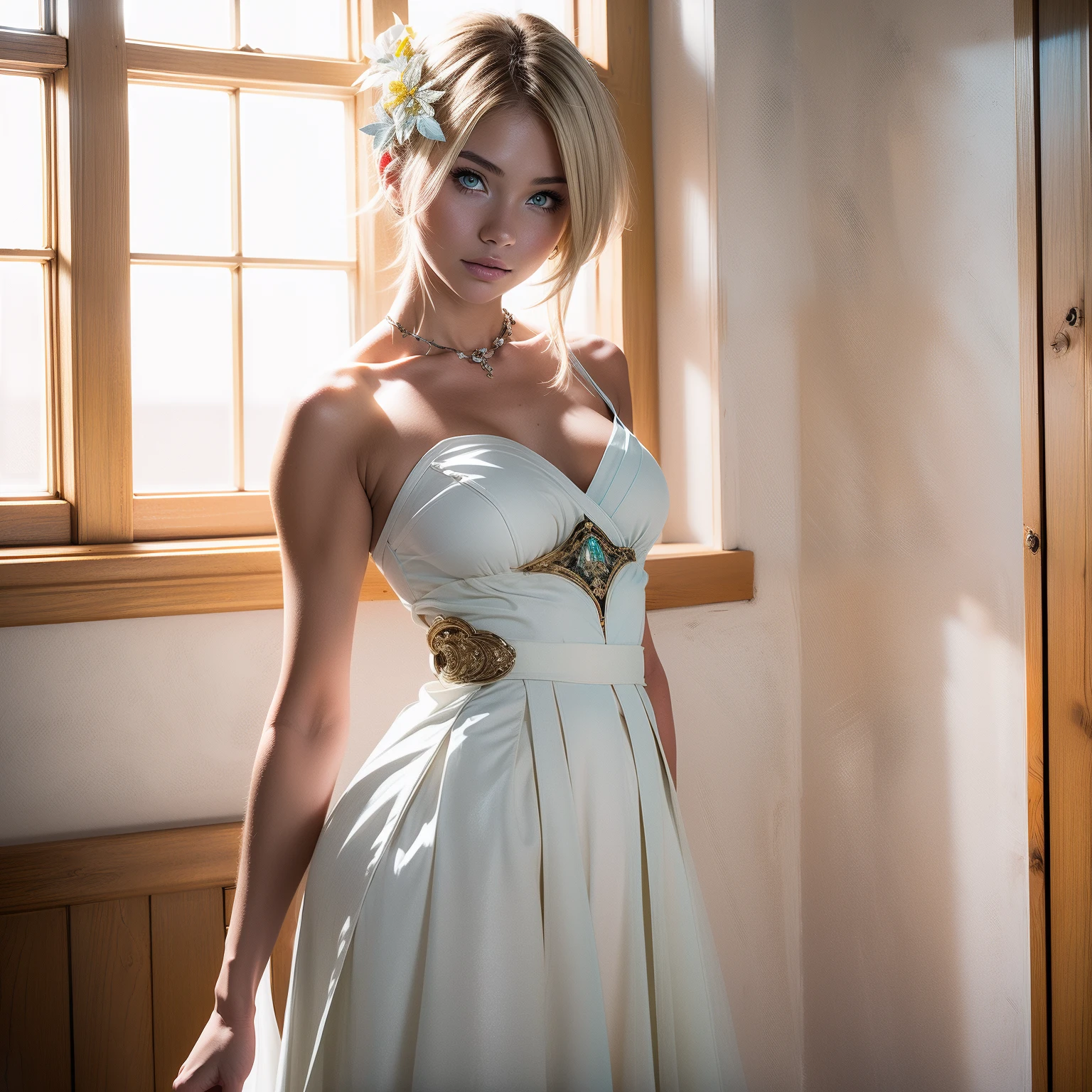 (masterpiece, best quality), beautiful girl, Lumine from "Genshin Impact", 
luminedef,  standing in her room, (detailed beautiful eyes) medium body shot, blonde, short hair, yellow eyes, ultra detailed yellow eyes, full-body shot,