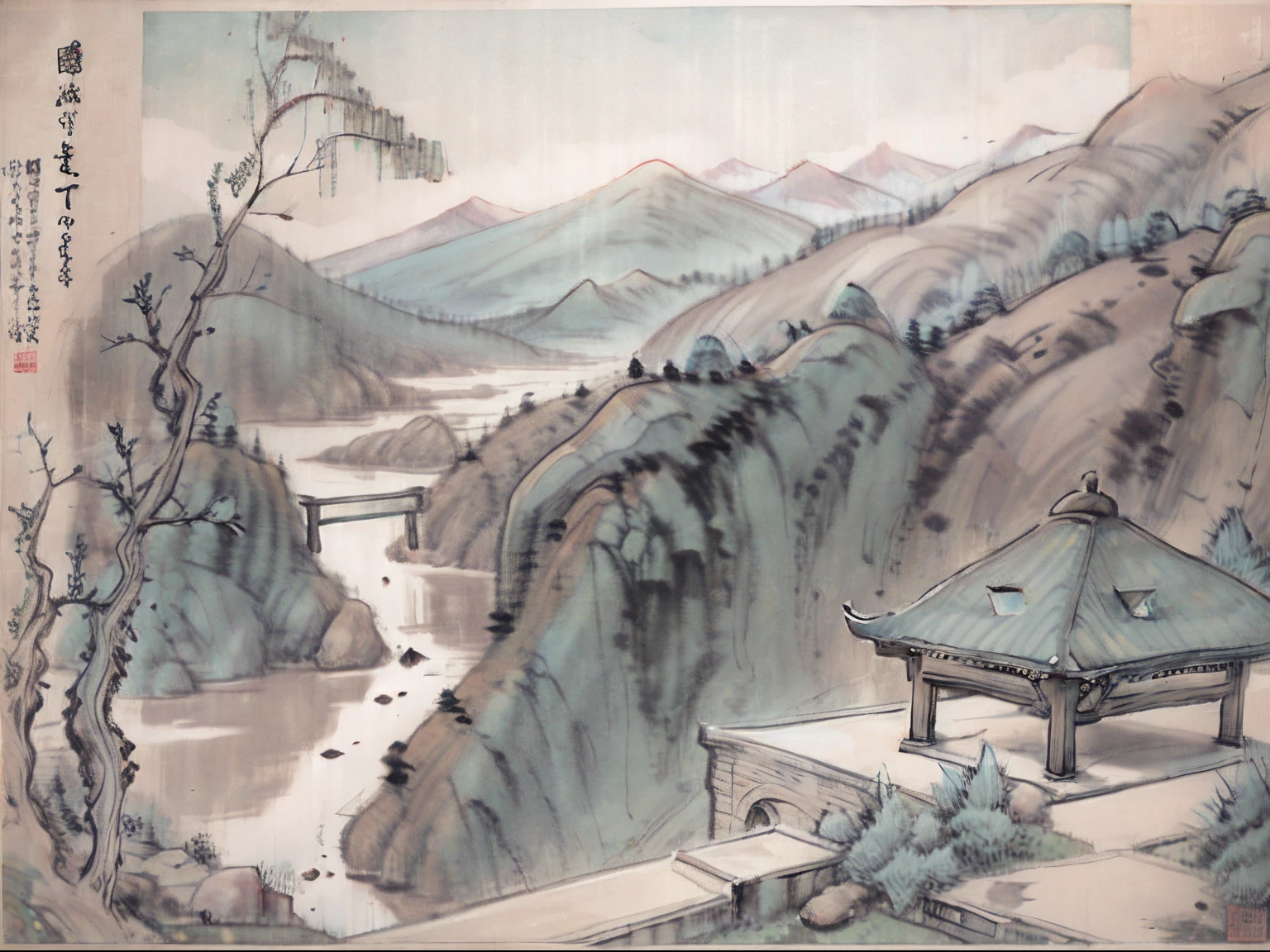 Green mountains with ancient pavilions and willow trees