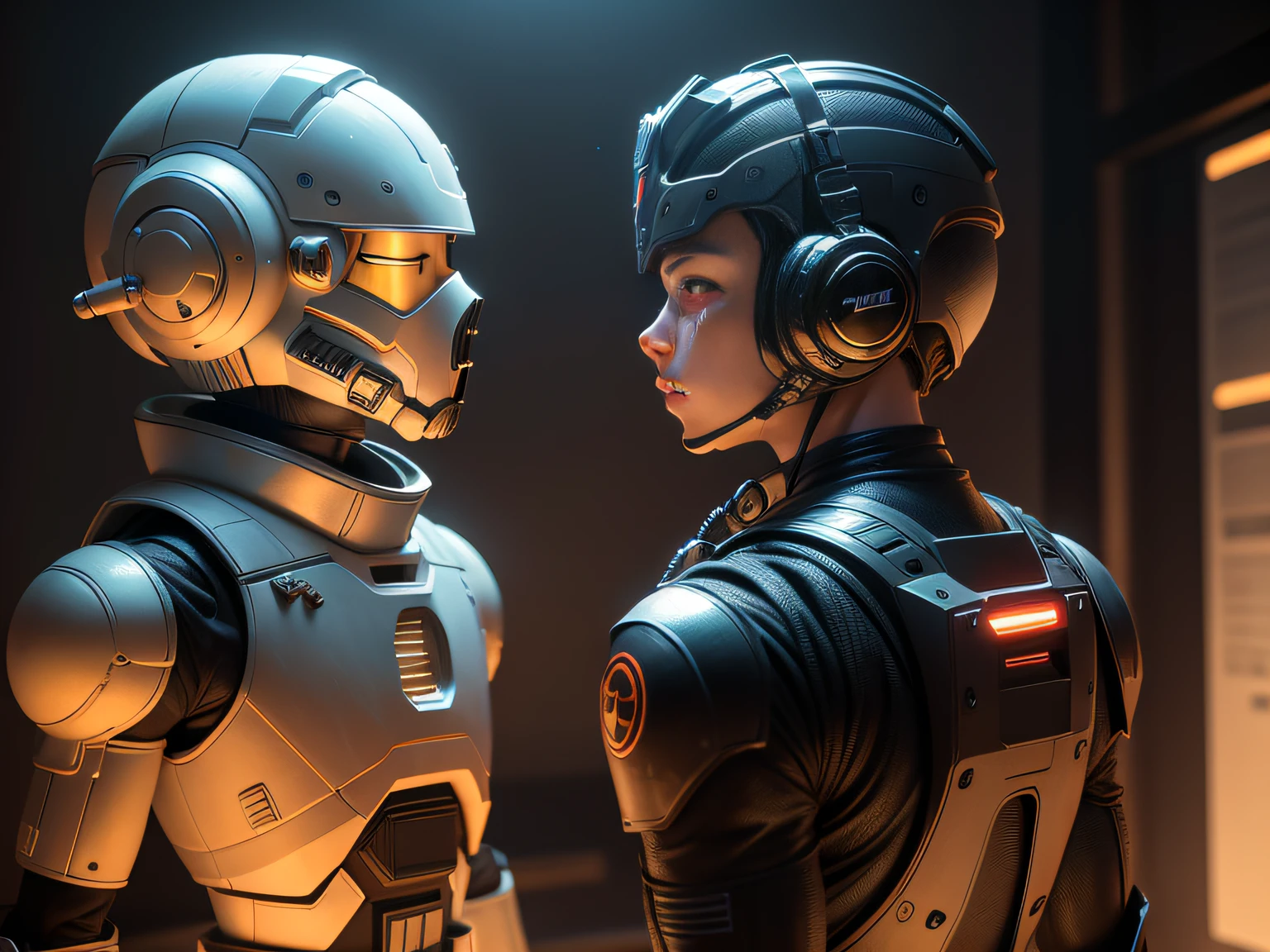 droid,younge boy,Stand face to face,full bodyesbian, Extreme detail, sense of science and technology, 3D modeling, CG rendering, Science fiction, Futuristic, Rich colors, High contrast, HD8K, 超高分辨率, Light and shadow effects, Perfect light and shadow, Studio lighting, Texture film, highest masterpiece, High detail