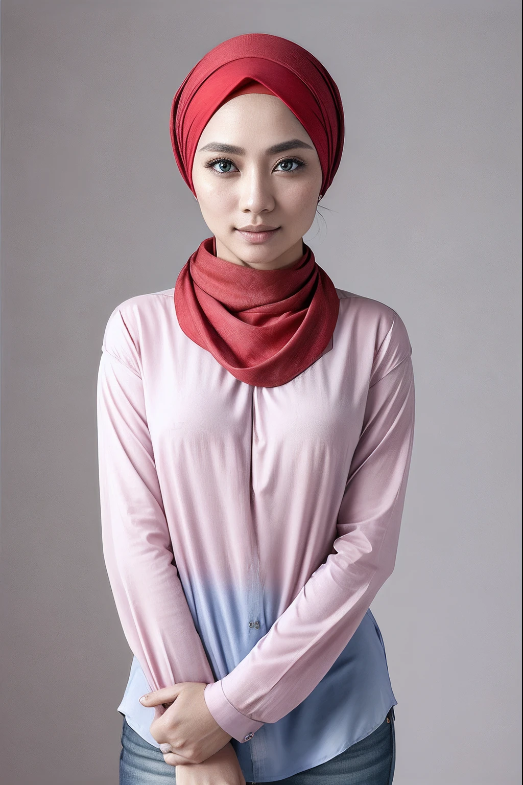 masterpiece, best quality, high resolution, 1 malay girl, shirt, naked shirt, shirt tug red hijab,, blue eyes, blush, shy face,