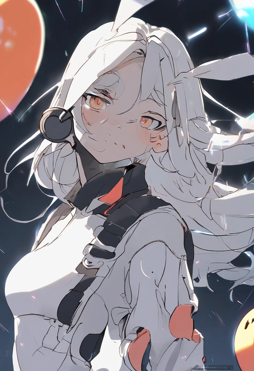 black hair, hair bobbles, wince, longeyelashes, solid circle eyes, light smile, tennis ball, playing tennis, White tennis suit, Bigchest, Long-haired girls, Surrealism, drop shadow, anaglyph, stereogram, tachi-e, pov, atmospheric perspective, 8k, super detail, ccurate, best quality