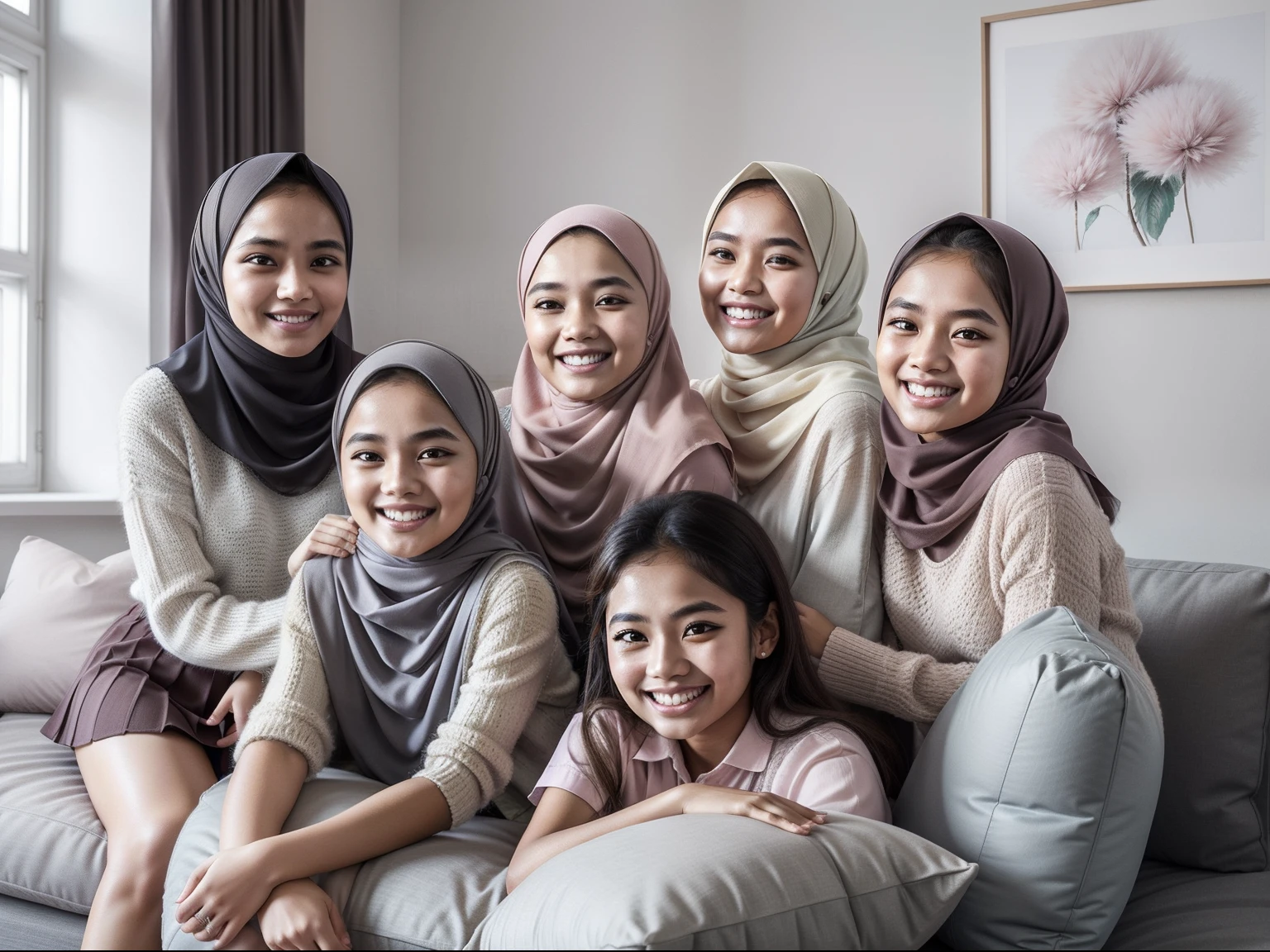 5 malay girls, (happy smile, laughing: 1.3), 8k, RAW portrait of malay girls with pompom plain hijab, 80mm, ultra high resolution, top quality, break wearing bra and high waist short pleated skirt, top view, (looking up at the viewer from below), big, modern grey pastel living room, bed, sitting on fluffy couch with many big cute pillow, many cute pillow, break (natural skin texture, detailed skin, hyper-realism, super sharpness), intricate details, high resolution, natural light, cheerful environment, pastel color,