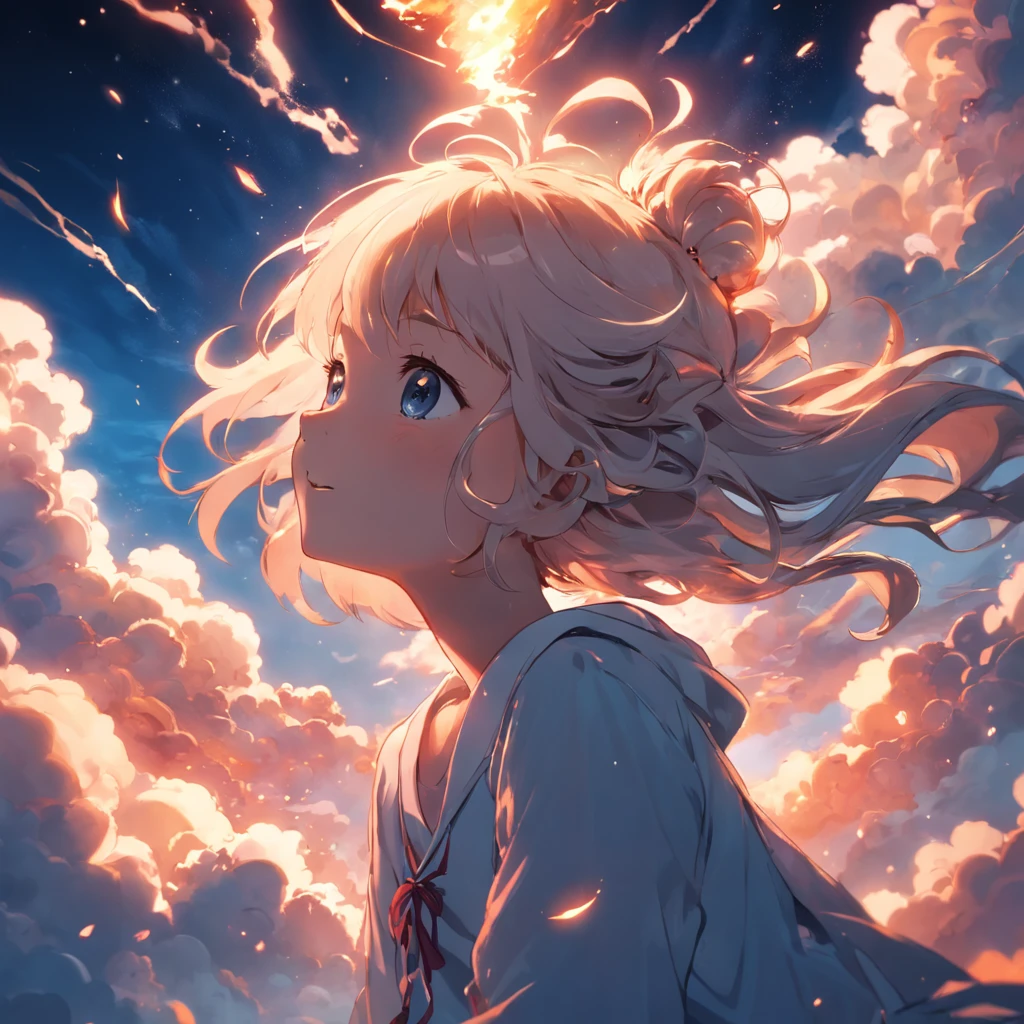 masterpiece, best quality, movie still, 1girl, cloud girl, floating in the sky, close-up, bright, happy, warm soft lighting, sunset, (sparks:0.7)
