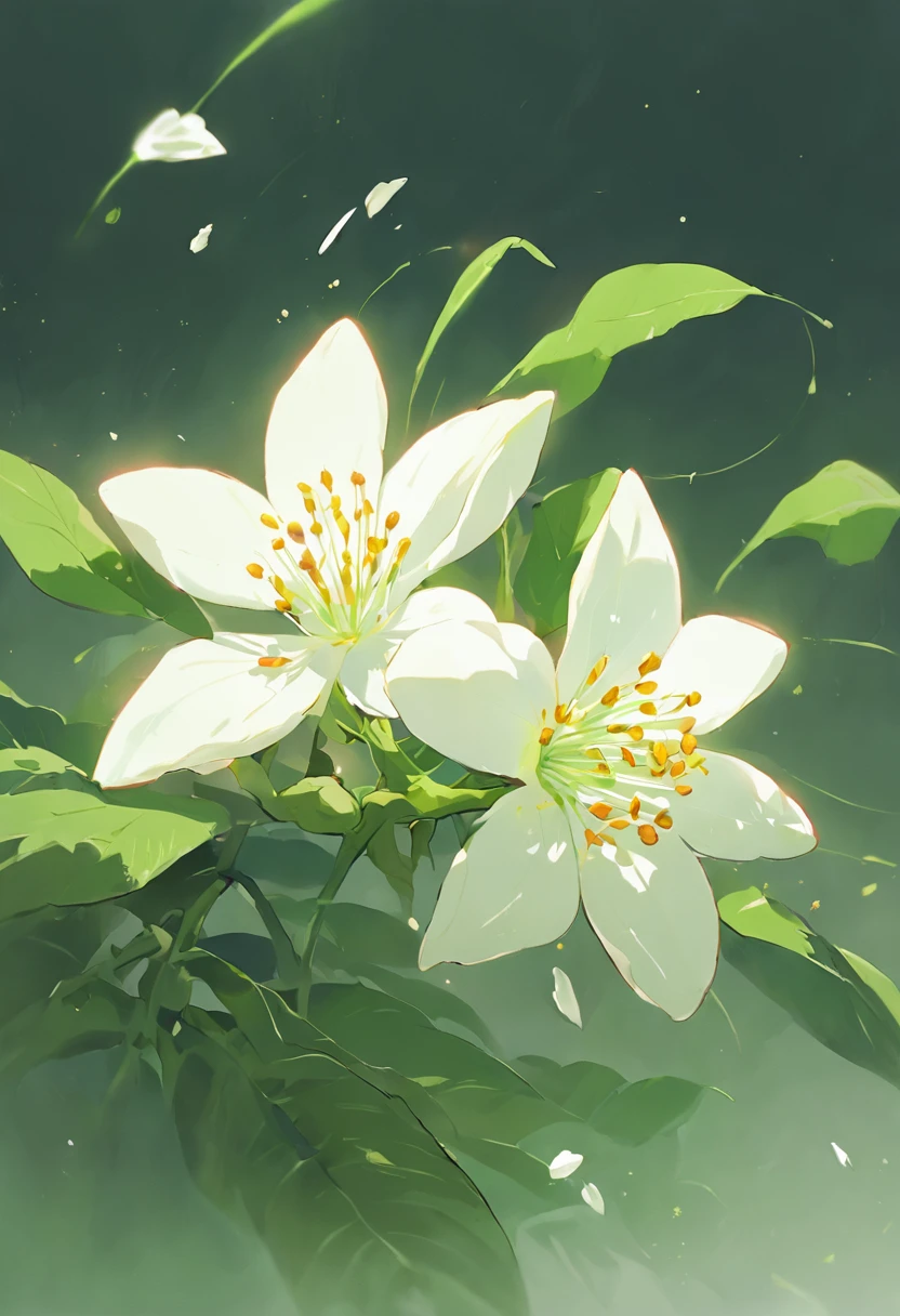 This picture is a white pomelo flower with six petals, a yellow stamen in the middle, and green leaves around it. It is fresh, pure, and elegant. The pomelo flower is white with green buds, a white background, six petals, a white heart, and clustered flowers. The buds are on the outside and the flowers are in the middle.
