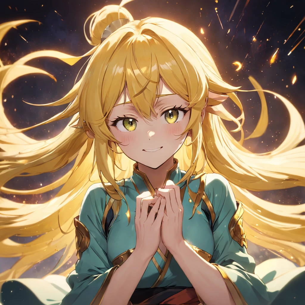 full bodyesbian,had his hands folded,closeup cleavage,ssmile,frontage,teardrop,Glow white background,A half body,Cover the body above,dual horsetail,Yellow hair,Fluttering hair