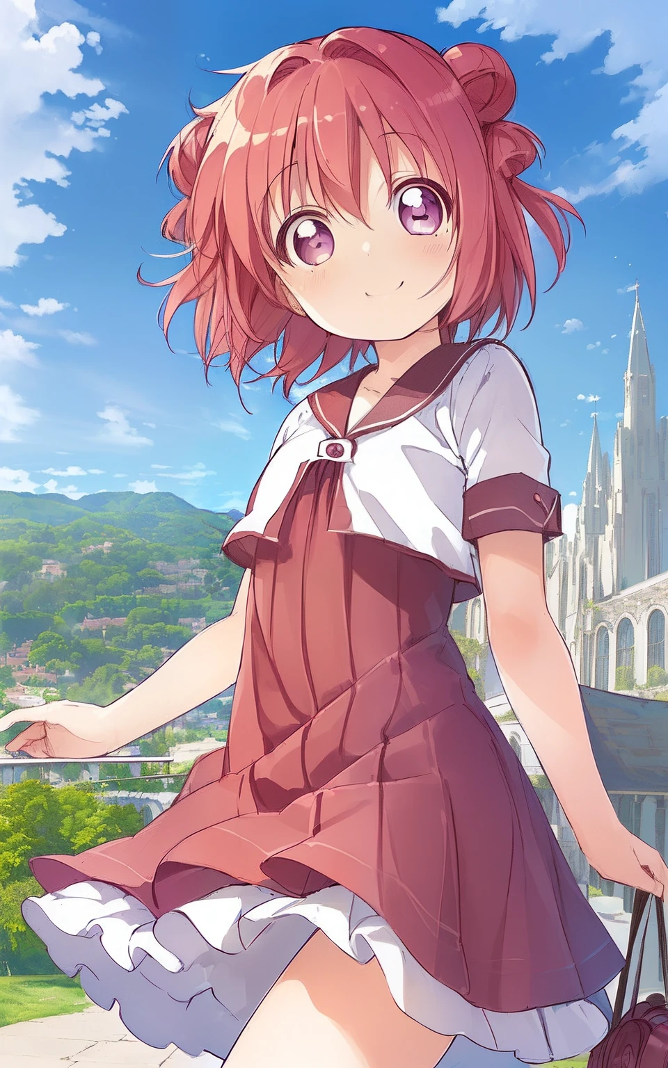 ((masterpiece)),(((bestquality))),((ultra-detailed)),((illustration)), ((disheveledhair)), {extremely detailed},  (akari feature),  outdoors, blue sky, detailed background, cloud, smilling, flush,((akari akaza))