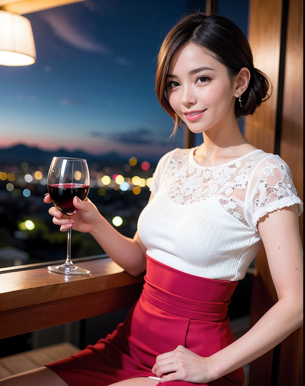(64K, UHD, top quality, masterpiece: 1.2), (realistic, photorealistic: 1.37), super detailed, pretty woman 1 person, (slim face), (slim body), (brown hair), (short cut), cheeks slightly blushing, (44 years old), 38 years old, solo, beautiful detailed urban night view outside the window, restaurant, wine glasses sit, at night, in a prominent placeNovaFrogStyle, Actress, Model, Waist Up, White Wine, Slim, Wine Glass, Super Clean Night View, Wine Glass Put in the Middle, Happy Smile, (Smile: 1.15), Beautiful Fine Eyes, Upper Body, Bust Japan Up, Night, Short, Short, Actress, Model, Waist Up, White Wine, Slim, Wine Glass, Super Clean Night View, Wine Glass Put in the Middle, Happy Smile,