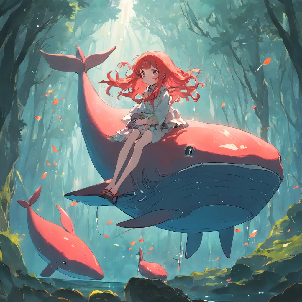 Fantastic atmosphere with a red-haired girl perched on a fat red whale, Cute images, A whale floating in the air, Fantastic forest backdrop
