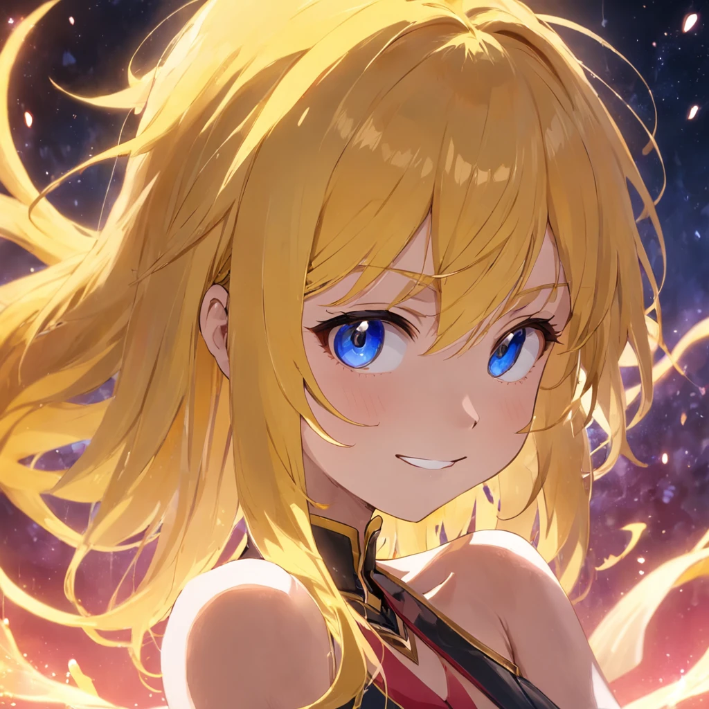 solo,1girl,had his hands folded,closeup cleavage,ssmile,frontage,teardrop,Glow white background,A half body,Cover the body above,dual horsetail,Yellow hair,Fluttering hair