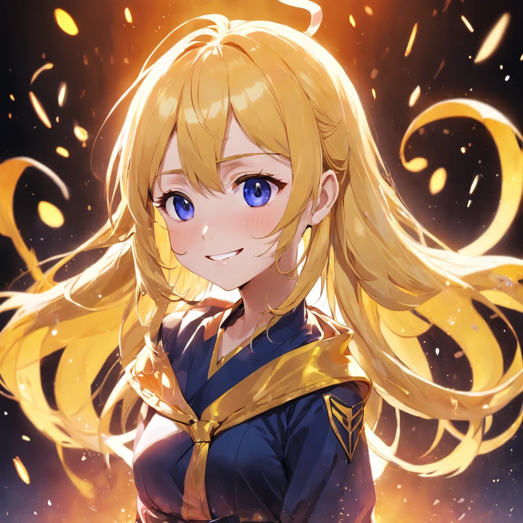 solo，1girl，had his hands folded，closeup cleavage，ssmile，frontage，teardrop，Glow white background，A half body，Cover the body above，dual horsetail，Yellow hair，Fluttering hair