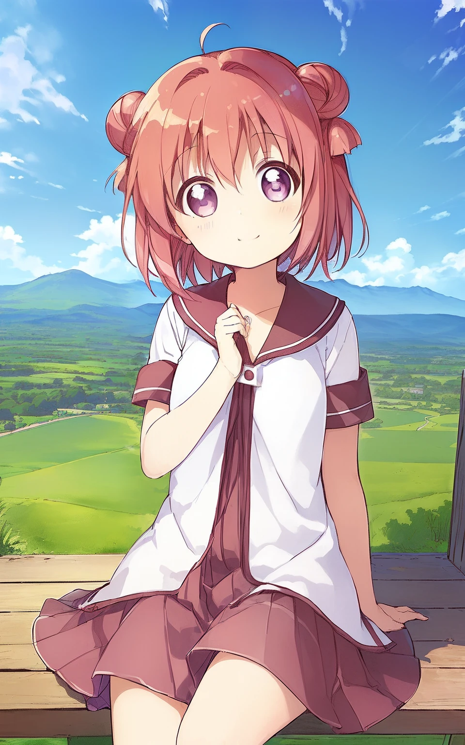 ((masterpiece)),(((bestquality))),((ultra-detailed)),((illustration)), ((disheveledhair)), {extremely detailed},  (akari feature),  outdoors, blue sky, detailed background, cloud, smilling, flush,((akari akaza))