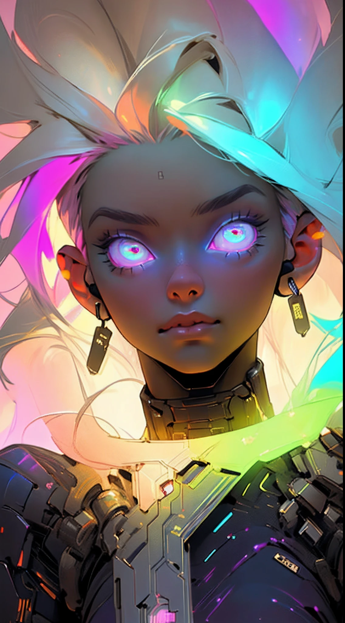 8k quality, ultra detailed, galaxy background effects, 1girl, rainbow color hair, glowing eyes