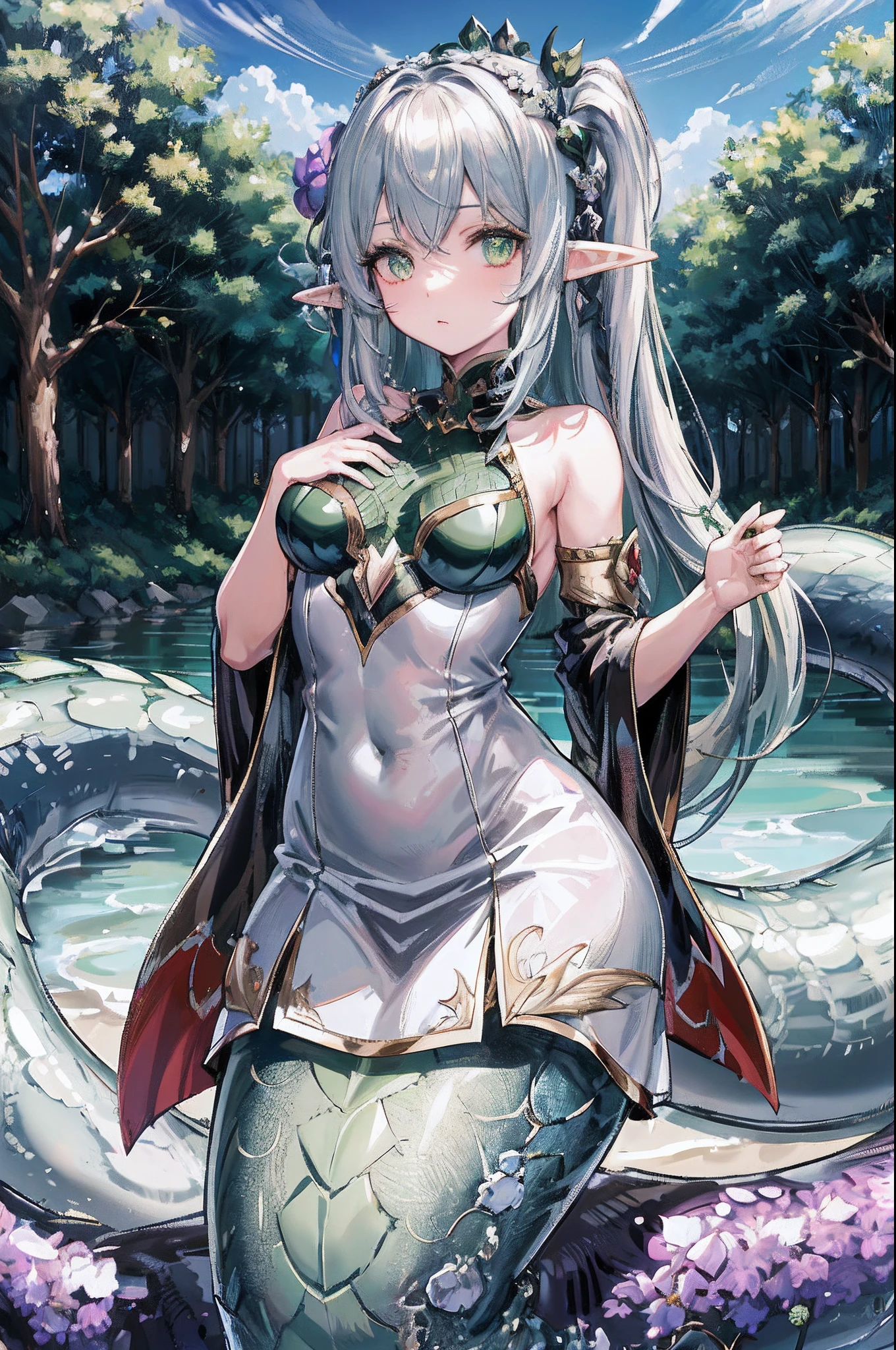 Anime girl with long hair and green dress sitting on mermaid tail, Elf Girl, Lamia, alluring elf princess knight, white-haired god, trending on artstation pixiv, fairy queen, An elf queen, Dragon girl, with scaly-looking armor, Elf Princess, serpentine water monster, hot reptile humanoid woman, Anime goddess