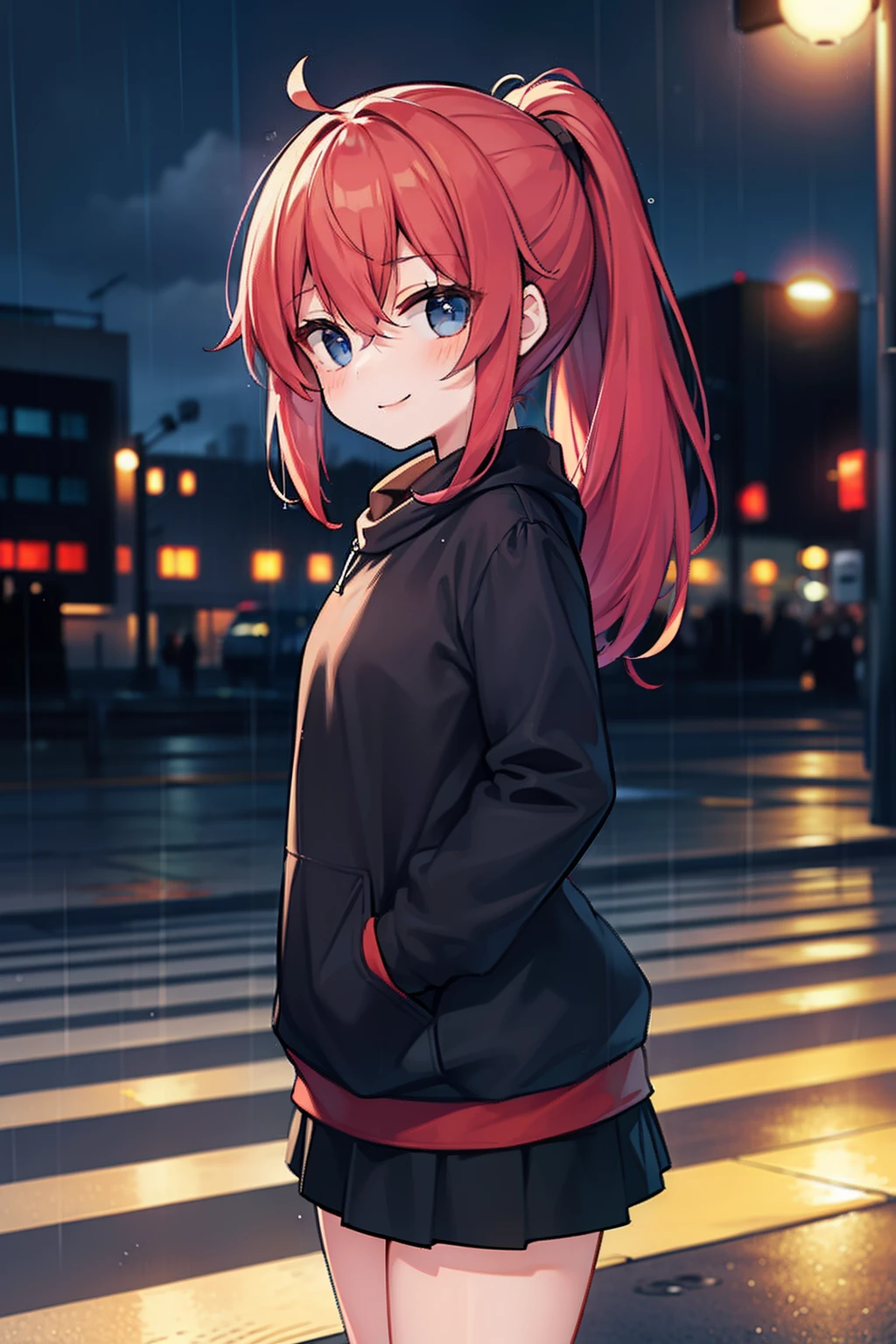 masterpiece, best quality, 1girl, elementary school student, long hair, (red hair), waist-length hair, ponytail, blue eyes, smiling, standing on the crosswalk, a crosswalk, Traffic light which the red lights on, ((raining)), ((in the night)), midnight, dark, wearing a black sweatshirts, short pants, with one's hands down, ((detail face)), (put one's hands behind one's back), (expressionless)