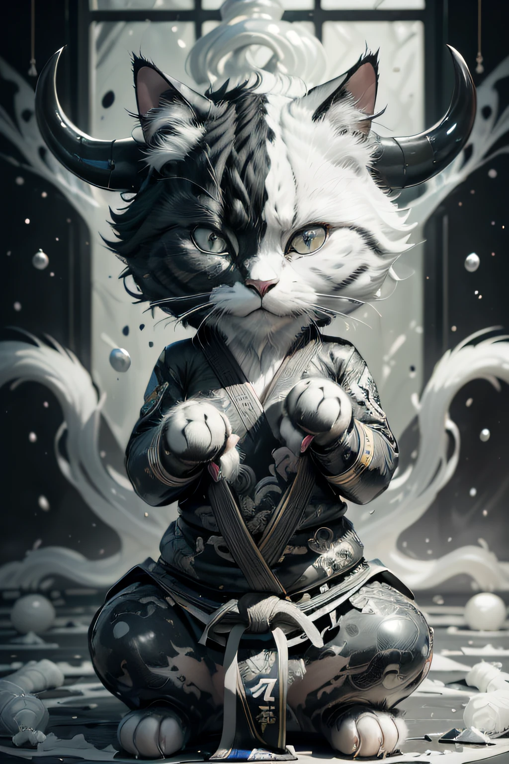 close up photograph (Black and white bull cat ready to learn martial arts in the training room:1.2), (c4ttitude:1.3), In glass technology research, Surreal and intricate details, (nebulous:1.1), Bai Xiao's point of view