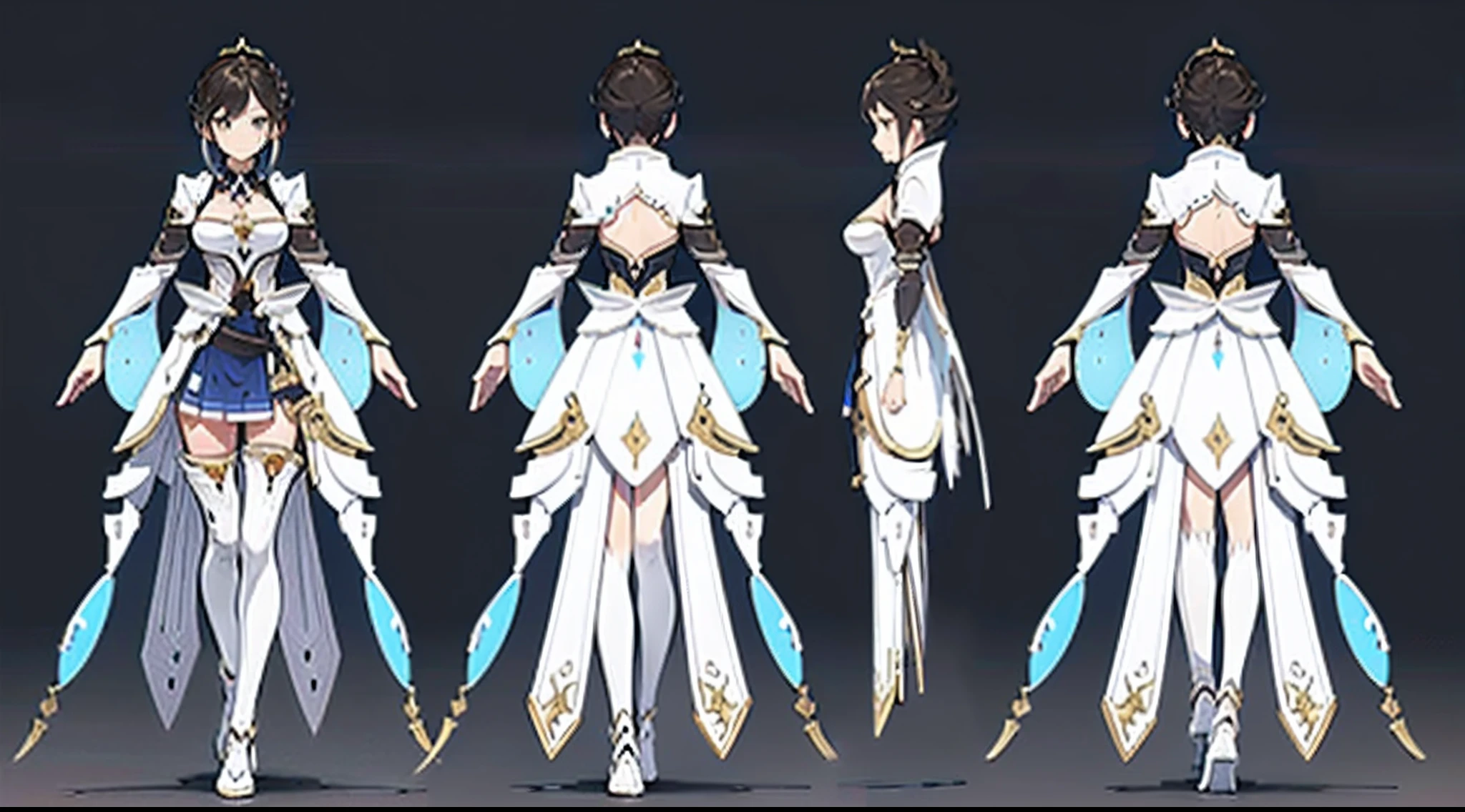 Glossy glossy skin， （Single background，white backgrounid：1.3），multiple views，Multiple views of the same character in the same costume：1.3。masterpiece, character reference sheet, best character design sheet, 1 woman, 20 years old, ((granblue fantasy character)), wearing blade and soul and granada espada hybrid costume, complete full body, ((1 perpective view and 1 front view and 1 back view only)) light colors themed costume design, symmetrical elements in costume, costume simulation detection like in CLO, marvelous designer, 8k resolution, ultra high definition image output