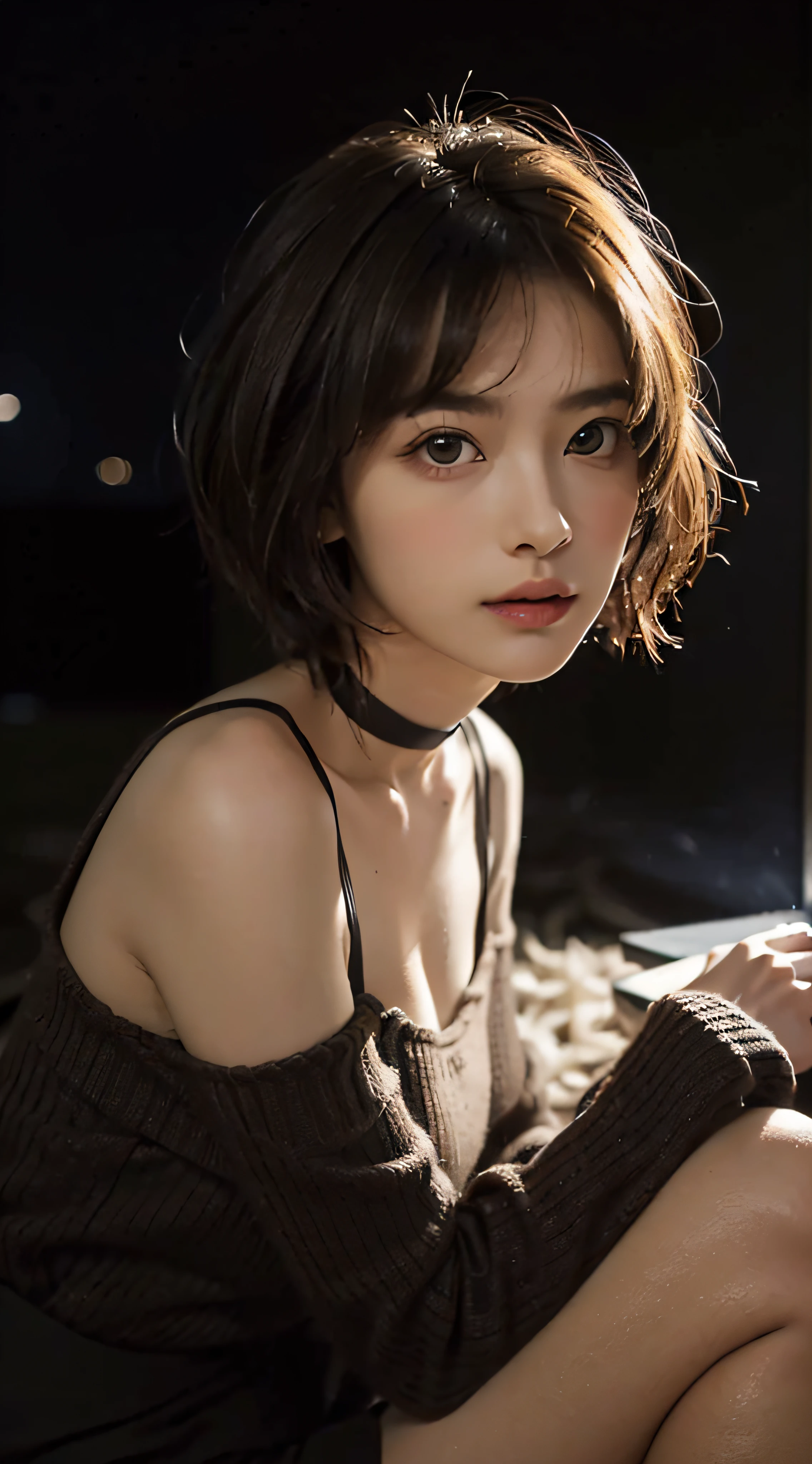 top-quality, Drawn details, (deep in the night:2), (natta), (Put your face in, above knee), masterpiece, 超A high resolution, (Realistic:1.4), Raw photo, (fair and clean skin), (Smaller head), (a small face, with round face), (Beautiful fece), (Beautiful expression), (big eye:1.3),(Looking at me with a smile:0.7) cute little, (Brownish, Very Shorthair, Soft hair quality:1.7), (1人の女性, 独奏), (firm breasts, Huge breasts:1.5), (A slender:1.6), (thin waist, Thin arms, Thin leg, thin neck, thin shoulders:1.4), (sloped shoulder), (off shoulders、knit, Red), (a choker, A black) BREAK (Computer Lab), (hacker), (In front of the computer, monitors, Programming), (Very heavy rain, Dark cloudy sky), (by the window、Rain is hitting the window) ,(Sit deeply in a chair with your back to the backrest), (In the Dark、Soft light:1.5)