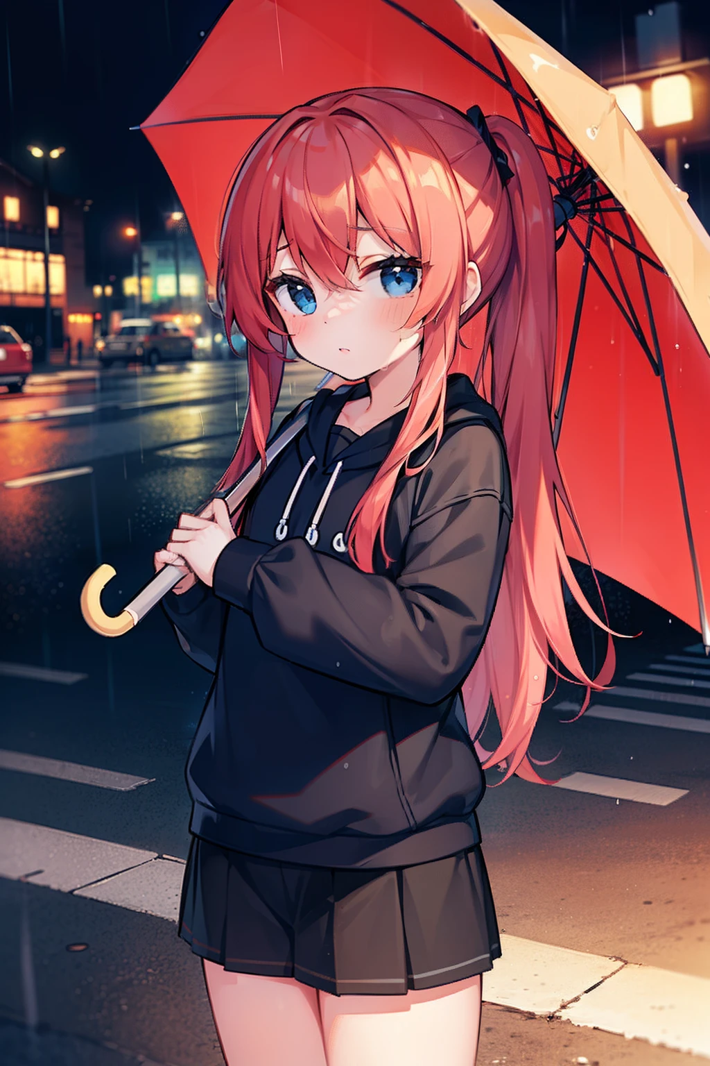 masterpiece, best quality, 1girl, elementary school student, long hair, ((red hair)), waist-length hair, ponytail, blue eyes, standing in the middle of the crosswalk, a crosswalk, Traffic light which the red lights on, ((raining)), ((in the night)), midnight, dark, wearing a black sweatshirts, short pants, with one's hands down, ((detail face)), ((holding a black umbrella)), ((expressionless))